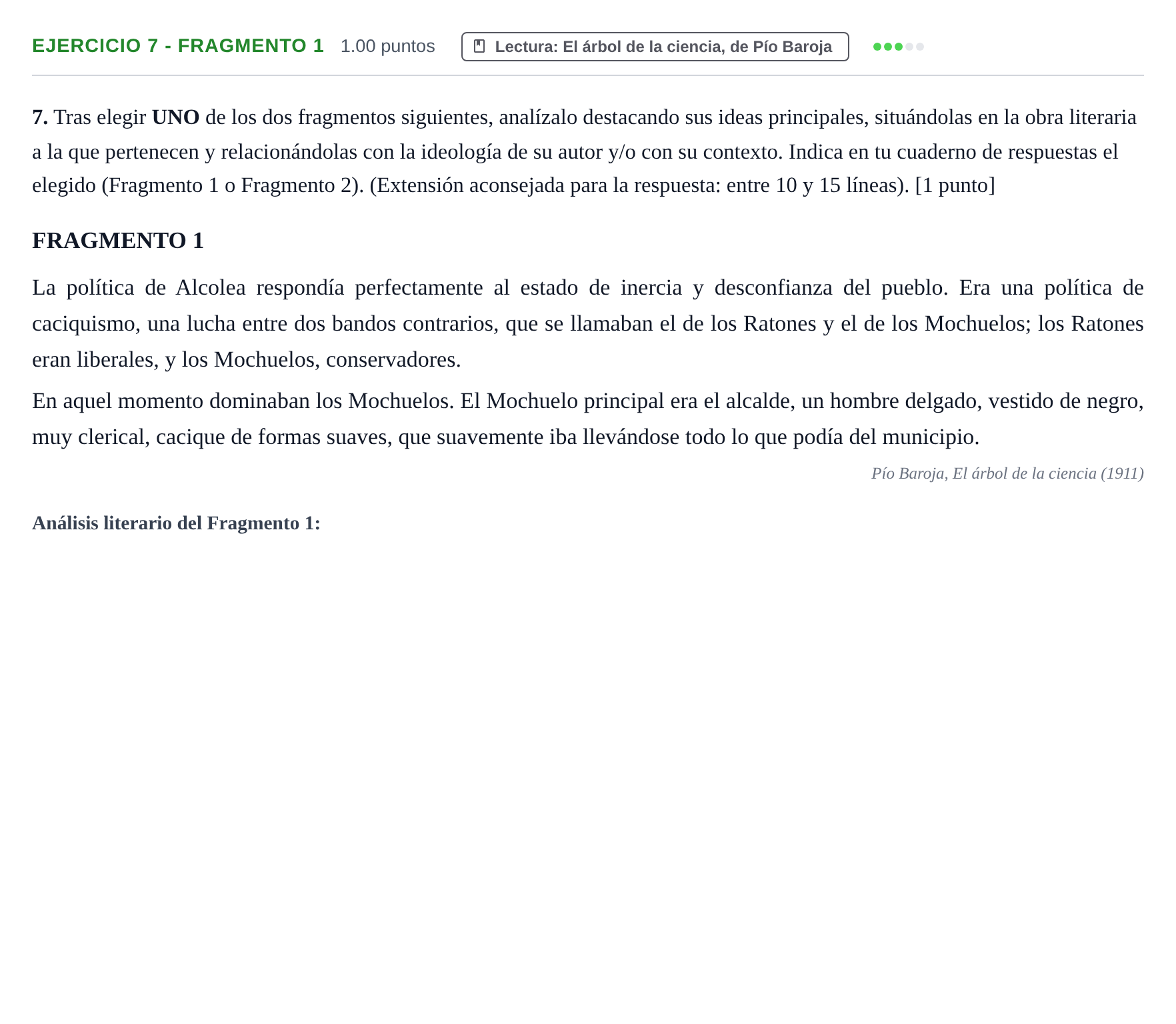 Enunciado: Ejercicio 7 - Fragmento 1 · Lengua Castellana y Literatura II PAU La Rioja Ordinaria 2022