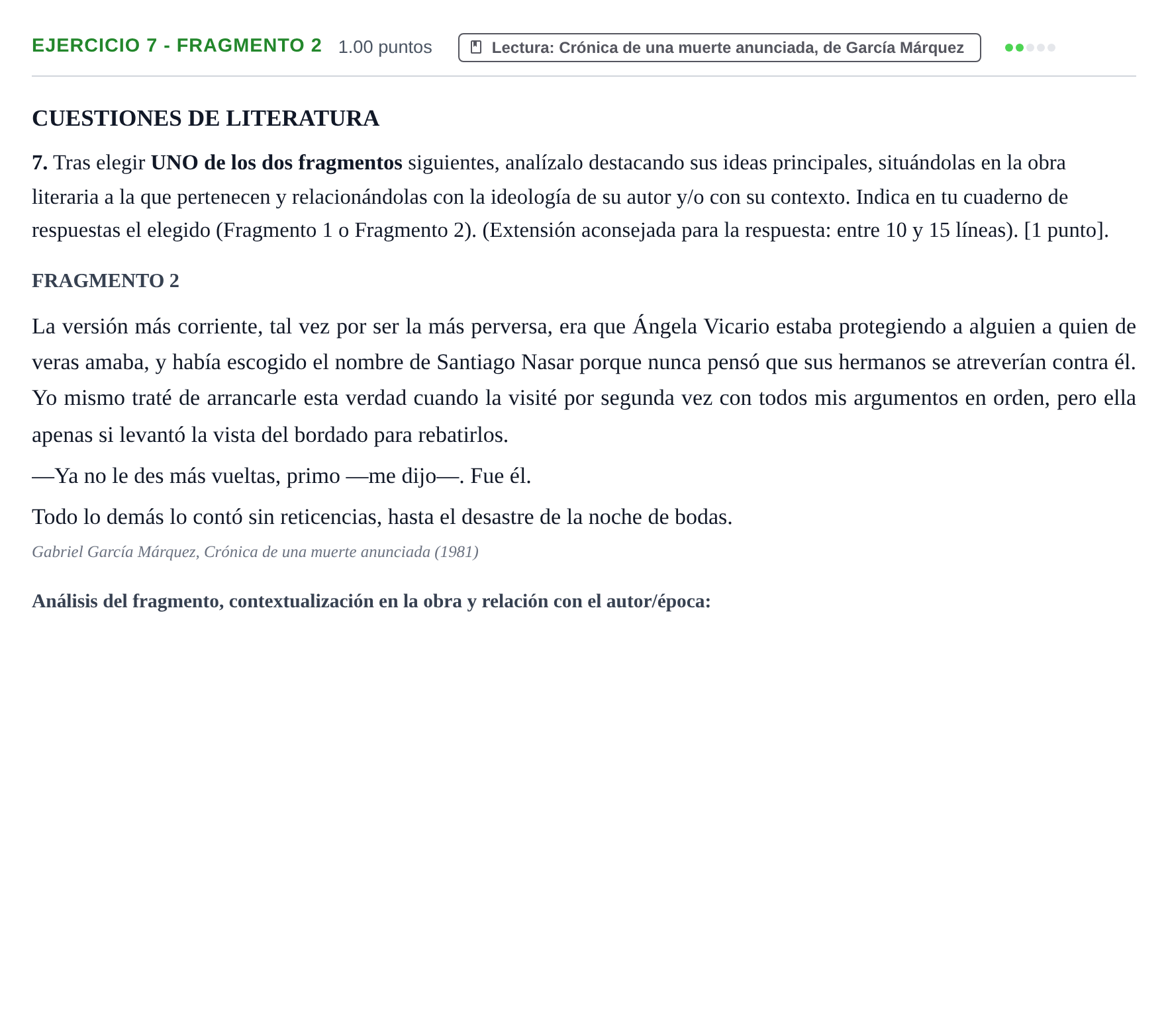 Enunciado: Ejercicio 7 - Fragmento 2 · Lengua Castellana y Literatura II PAU La Rioja Ordinaria 2022