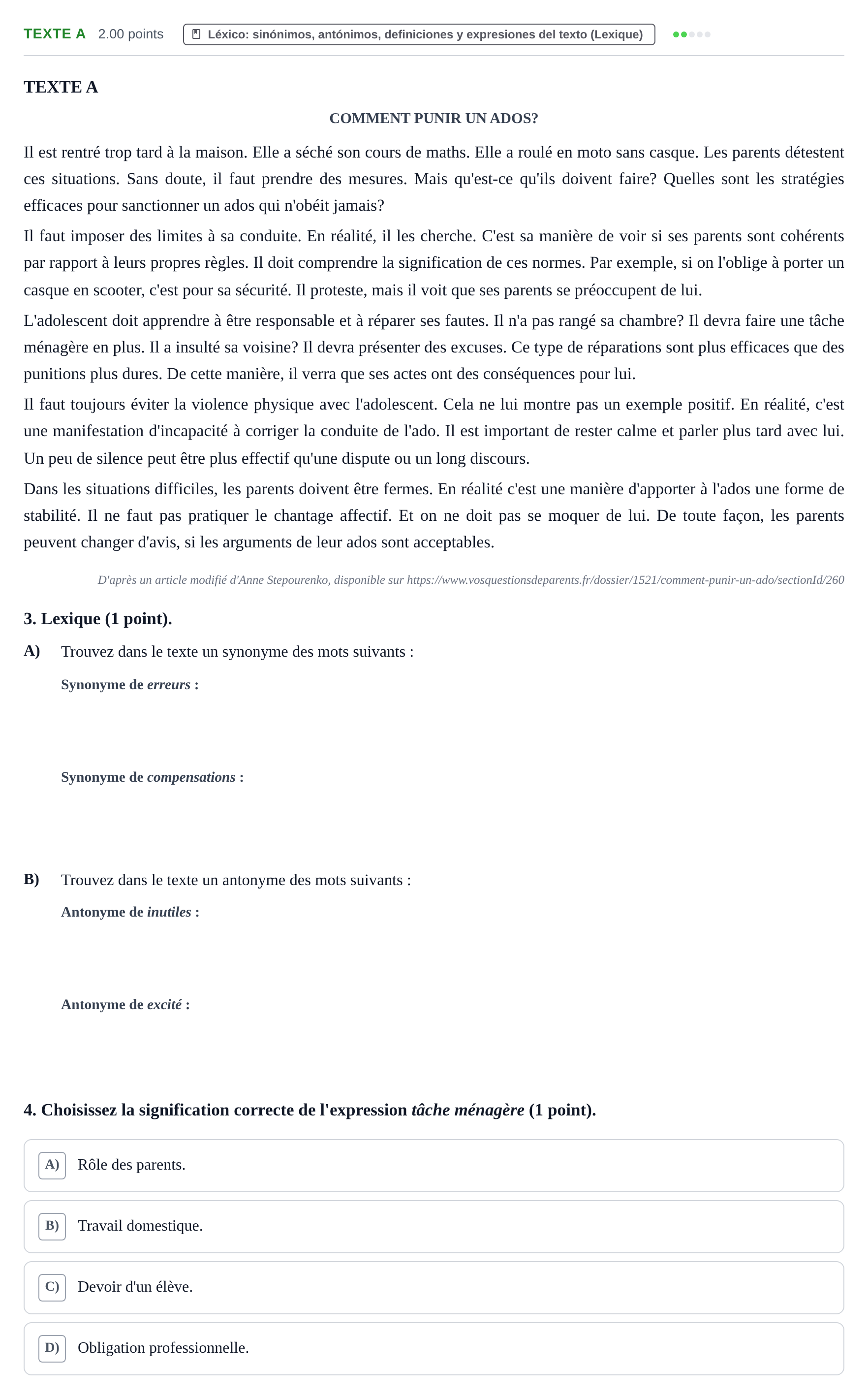 Enunciado: Ejercicio Texte A · Francés PAU La Rioja Extraordinaria 2021