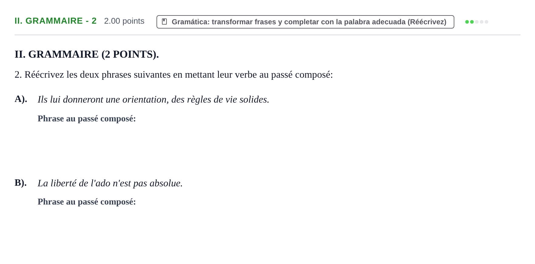 Enunciado: Ejercicio II. Grammaire - 2 · Francés PAU La Rioja Ordinaria 2021