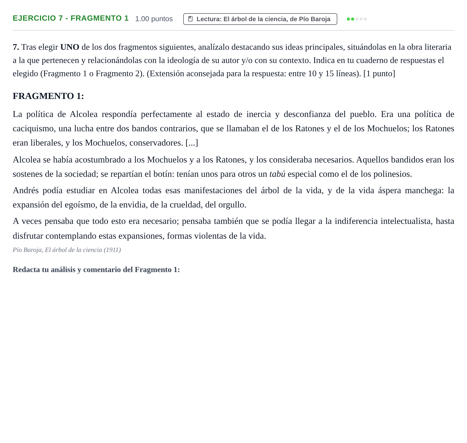 Enunciado: Ejercicio 7 - Fragmento 1 · Lengua Castellana y Literatura II PAU La Rioja Extraordinaria 2021