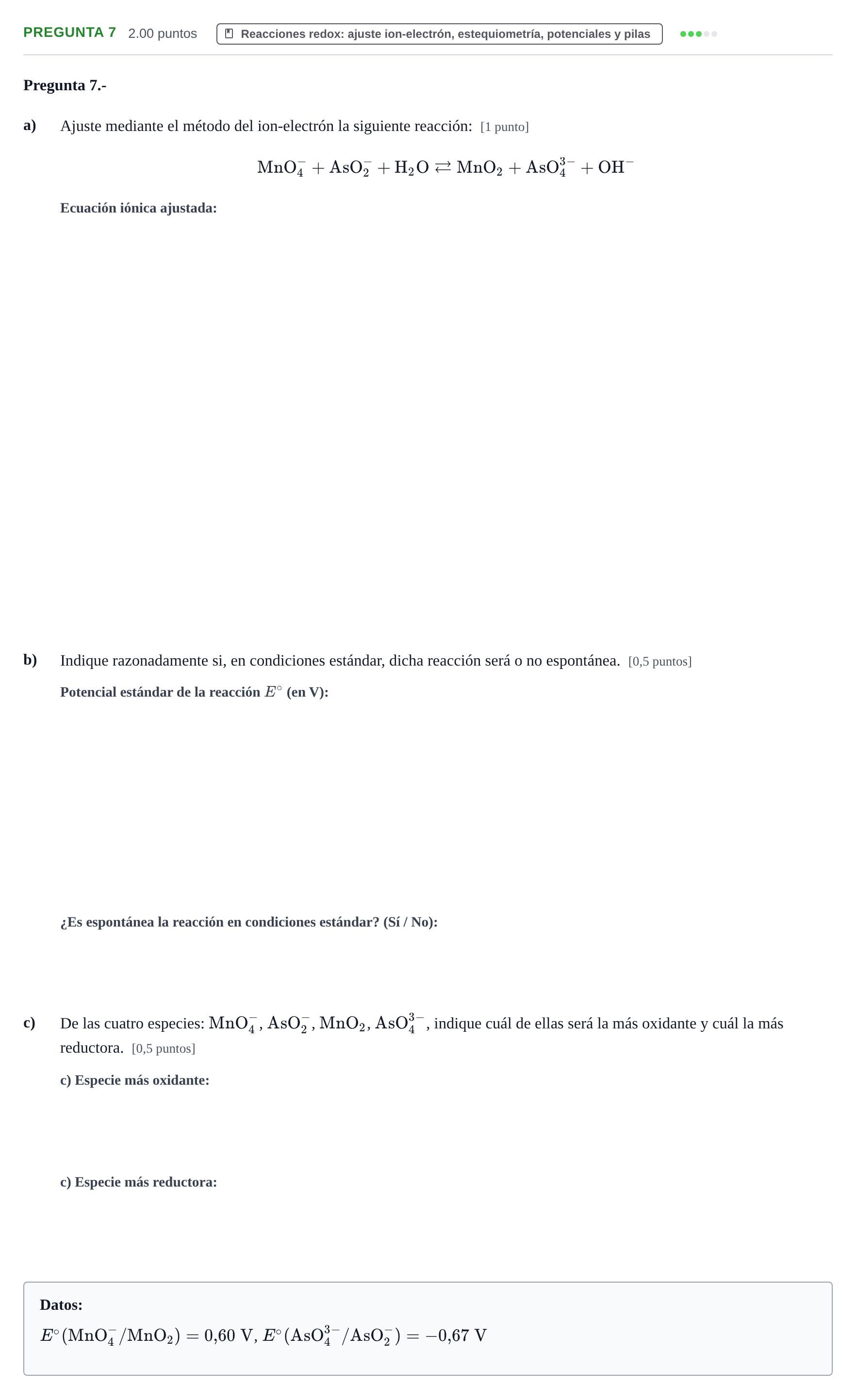 Enunciado: Pregunta 7 · Química PAU La Rioja Extraordinaria 2021