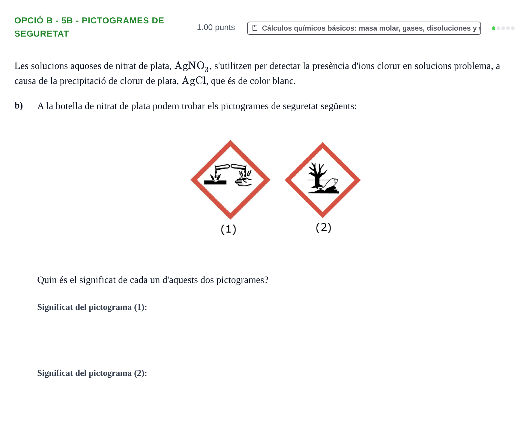 Enunciado: Ejercicio Opció B - 5B - Pictogrames de seguretat · Química PAU Baleares Ordinaria 2021