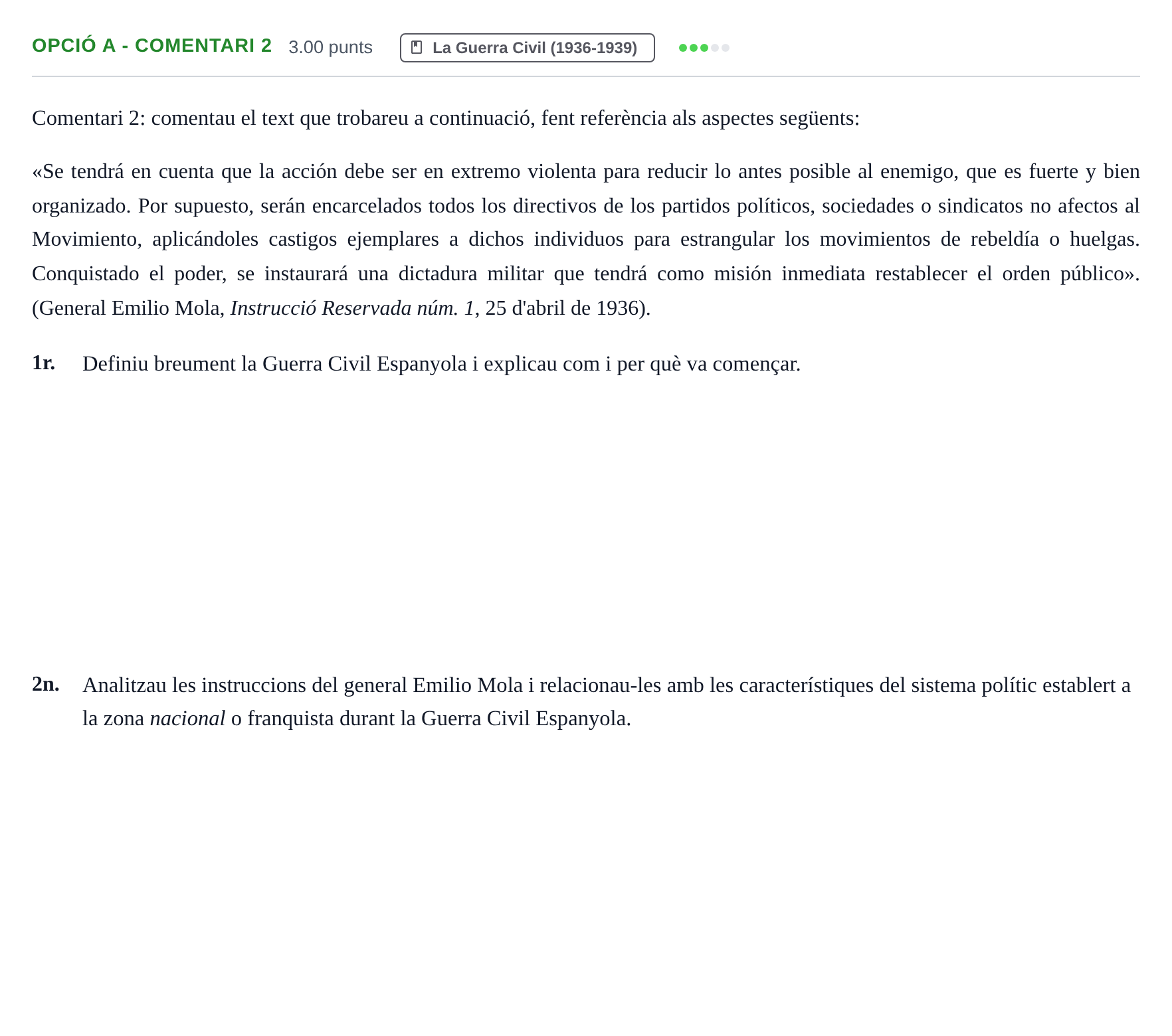 Enunciado: Ejercicio Opció A - Comentari 2 · Historia de España PAU Baleares Extraordinaria 2021