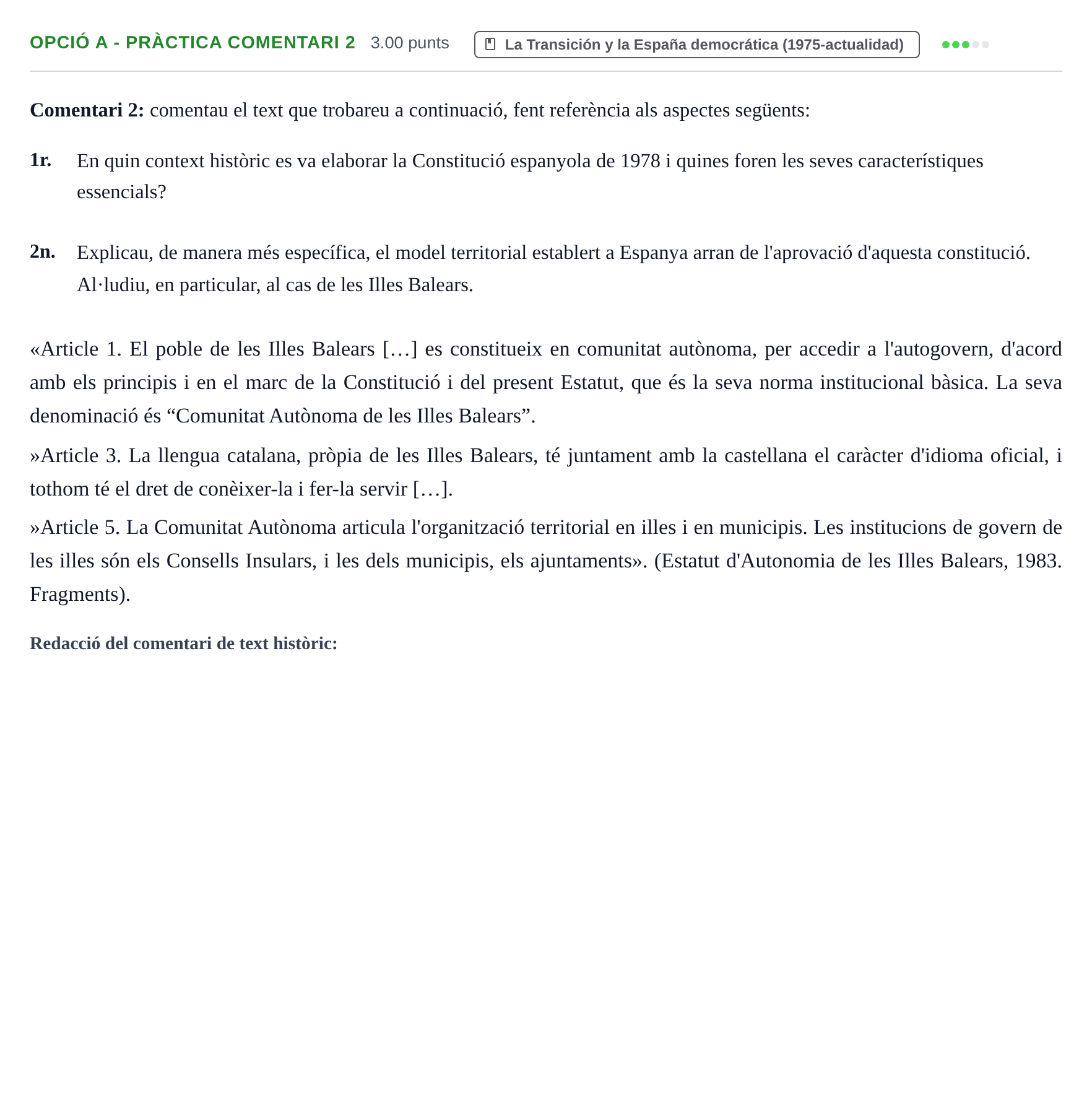 Enunciado: Ejercicio Opció A - Pràctica Comentari 2 · Historia de España PAU Baleares Ordinaria 2021