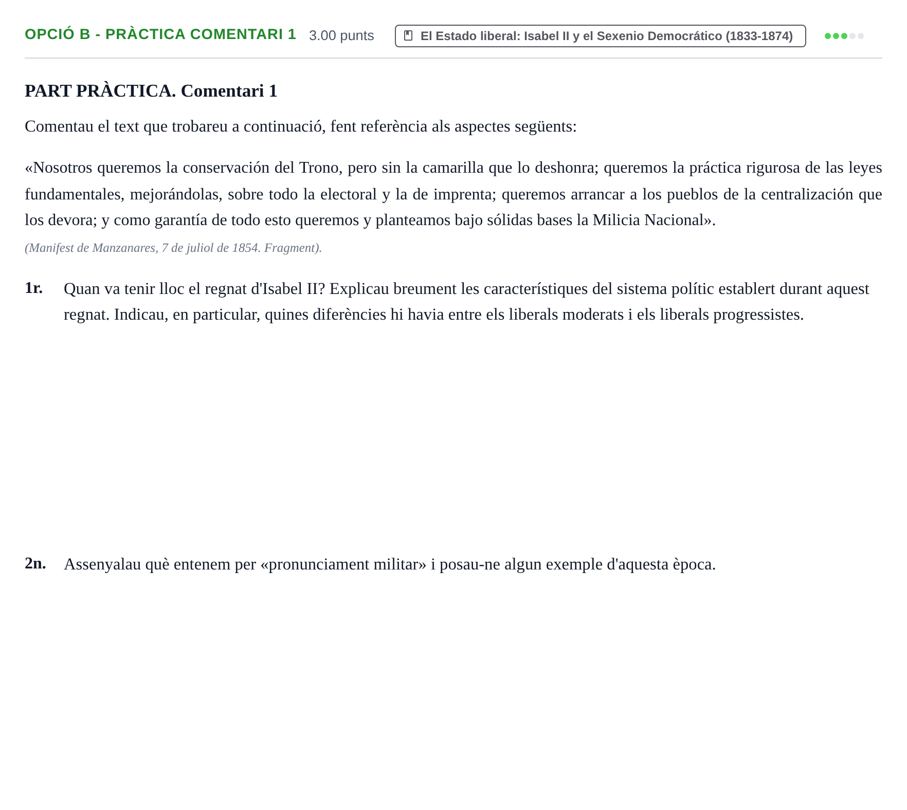 Enunciado: Ejercicio Opció B - Pràctica Comentari 1 · Historia de España PAU Baleares Ordinaria 2021