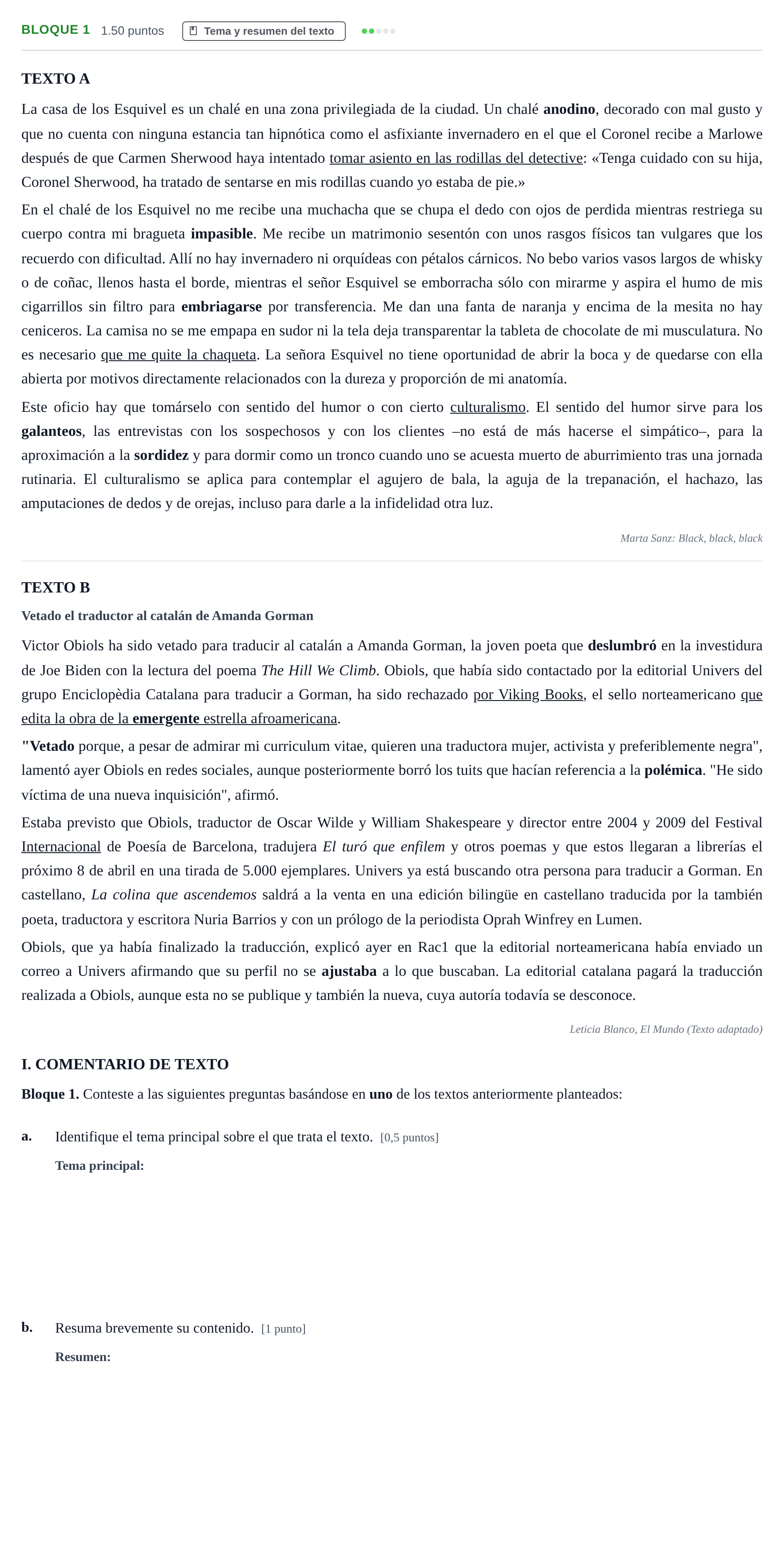 Enunciado: Bloque 1 - Tema y resumen · Lengua Castellana y Literatura II PAU Baleares Ordinaria 2021