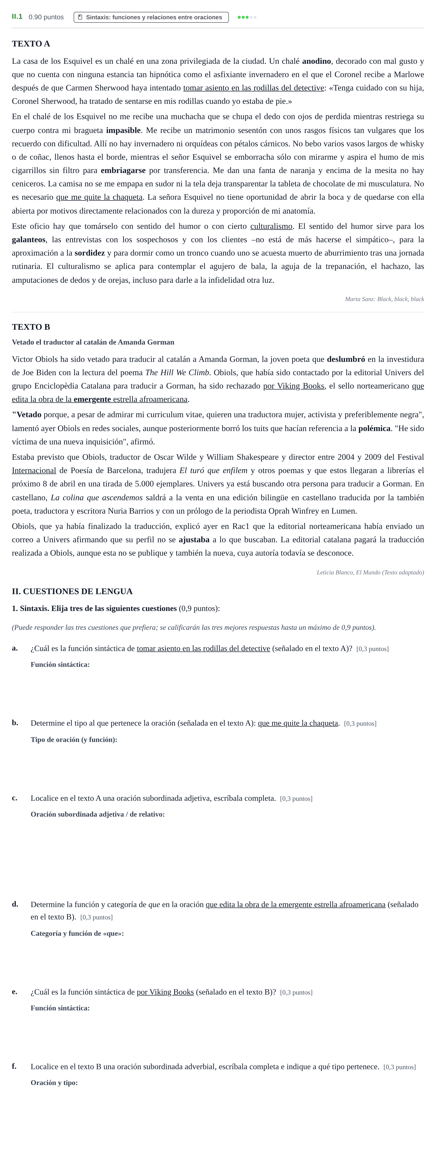 Enunciado: Ejercicio II.1 · Lengua Castellana y Literatura II PAU Baleares Ordinaria 2021