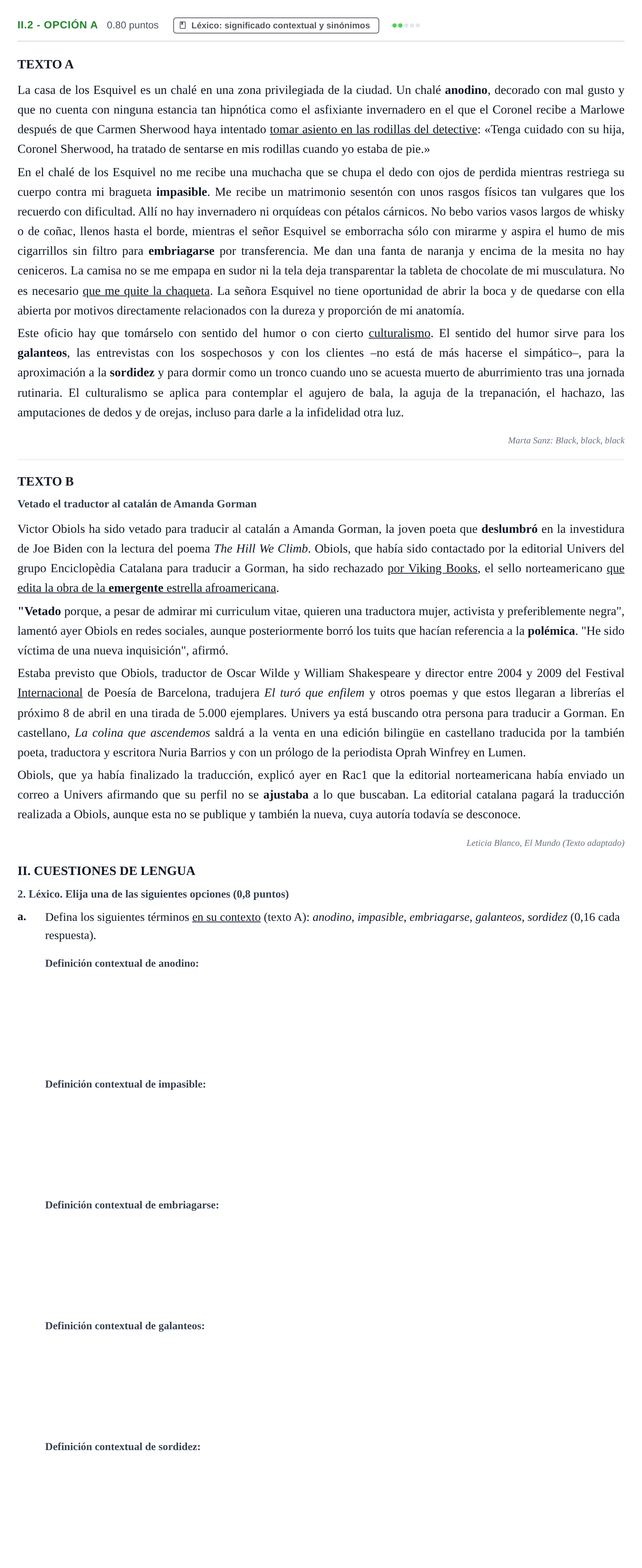 Enunciado: Ejercicio II.2 - Opción a · Lengua Castellana y Literatura II PAU Baleares Ordinaria 2021