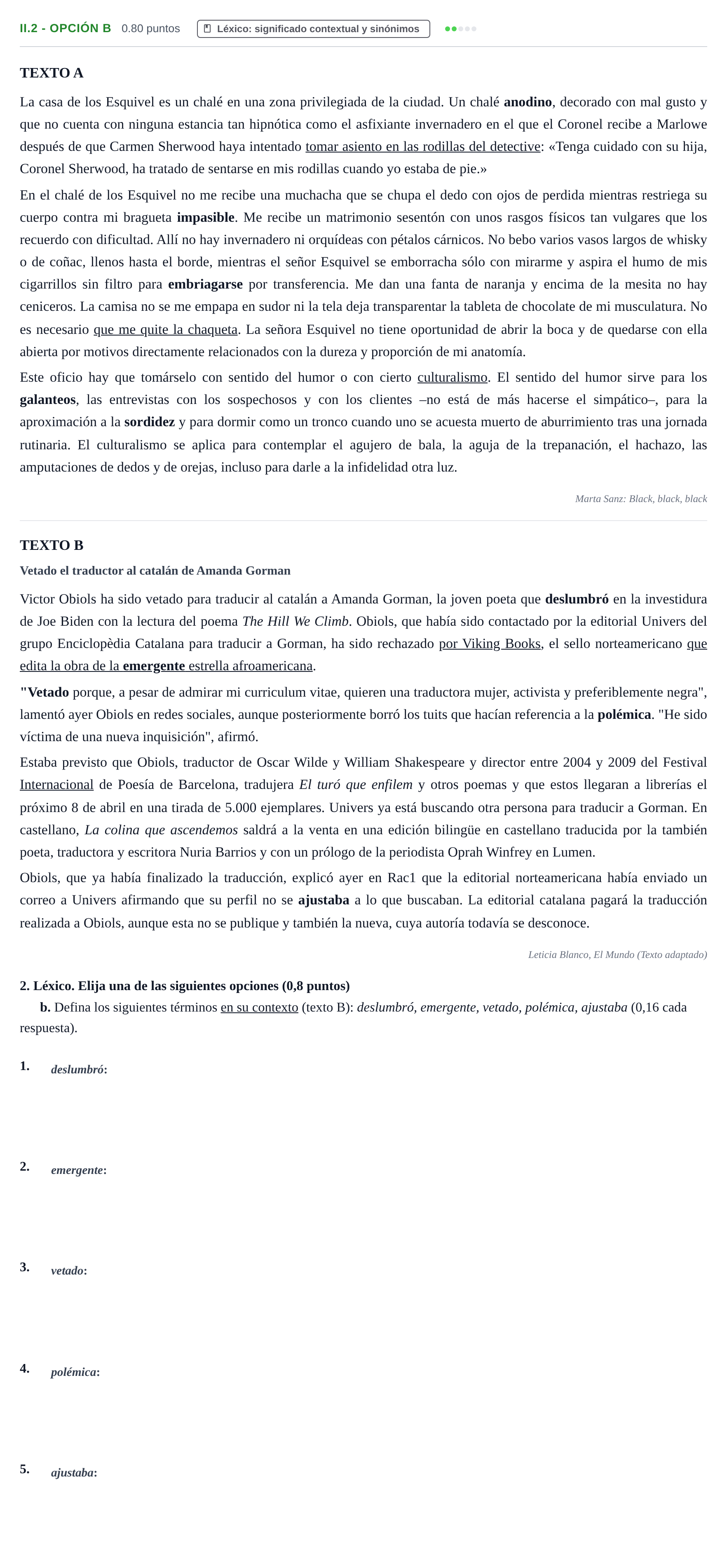 Enunciado: Ejercicio II.2 - Opción b · Lengua Castellana y Literatura II PAU Baleares Ordinaria 2021