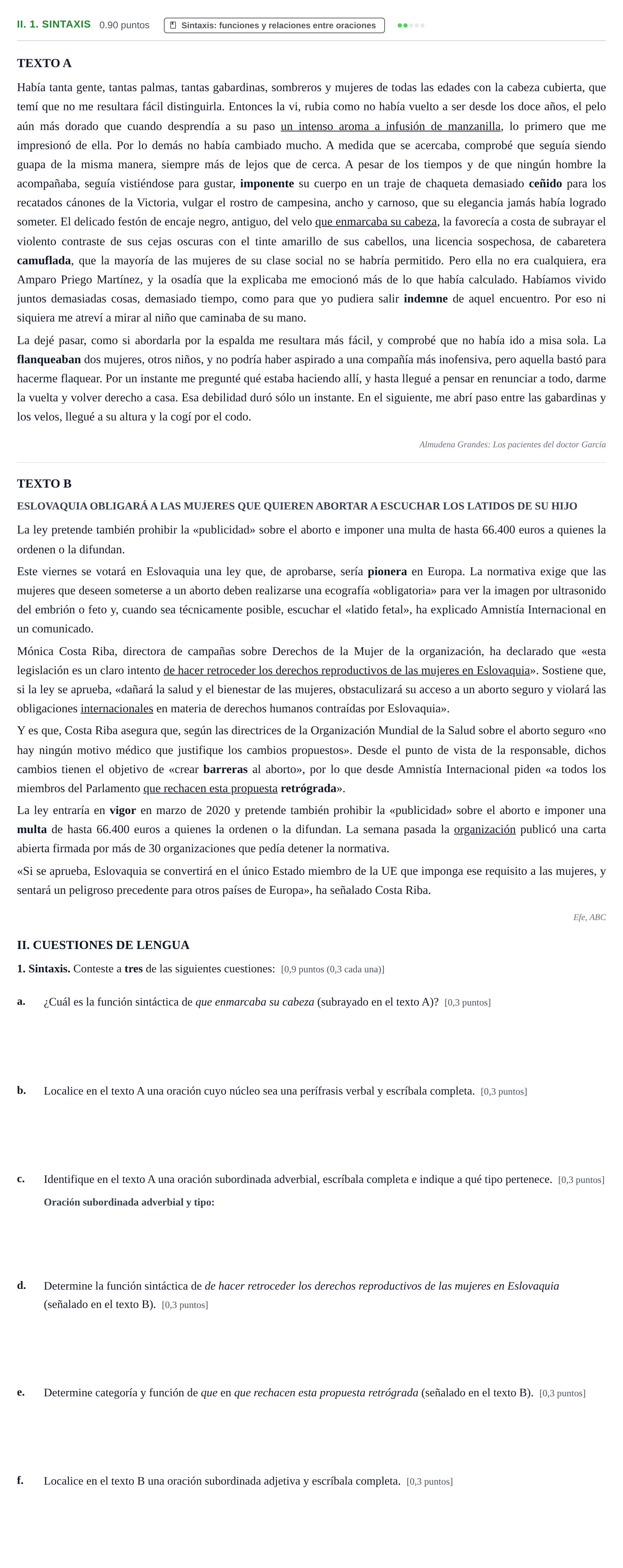 Enunciado: Ejercicio II. 1. Sintaxis · Lengua Castellana y Literatura II PAU Baleares Extraordinaria 2021