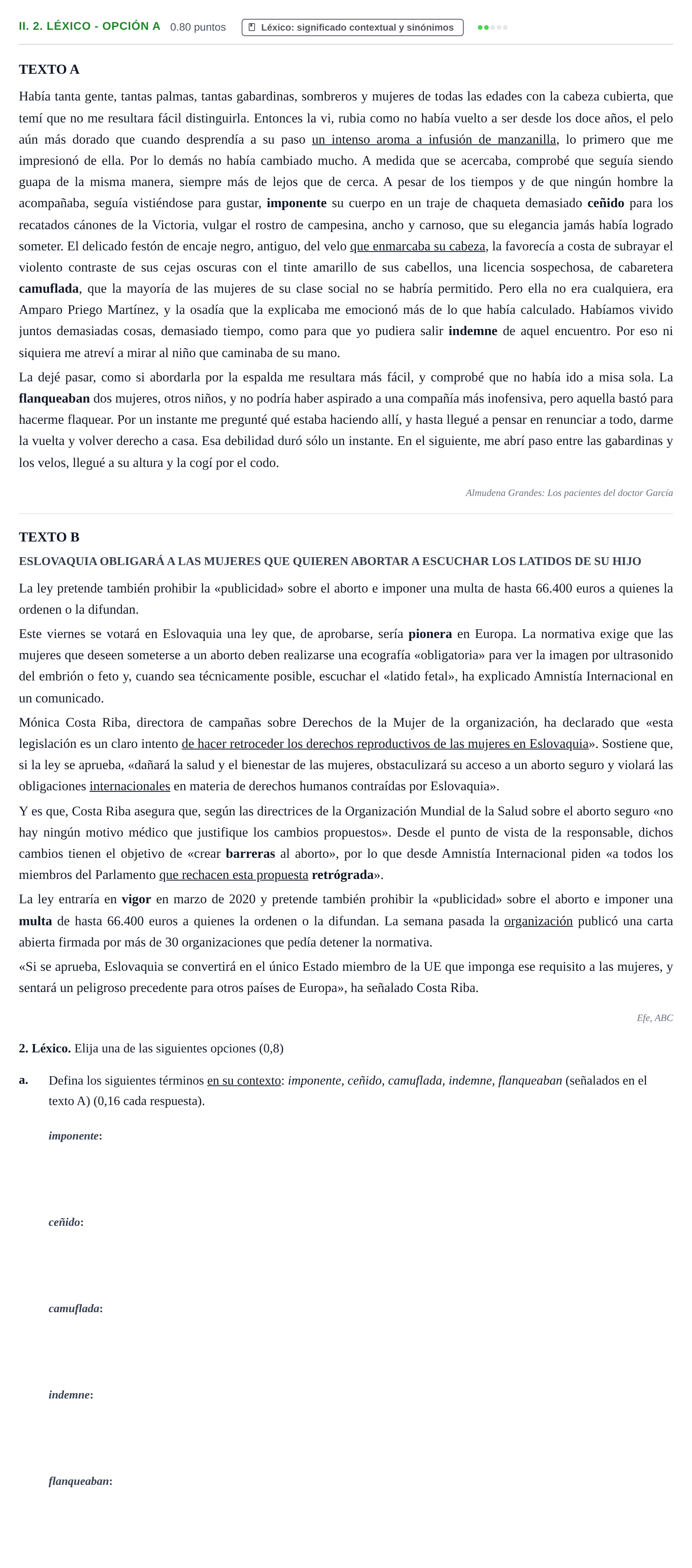 Enunciado: Ejercicio II. 2. Léxico - Opción a · Lengua Castellana y Literatura II PAU Baleares Extraordinaria 2021