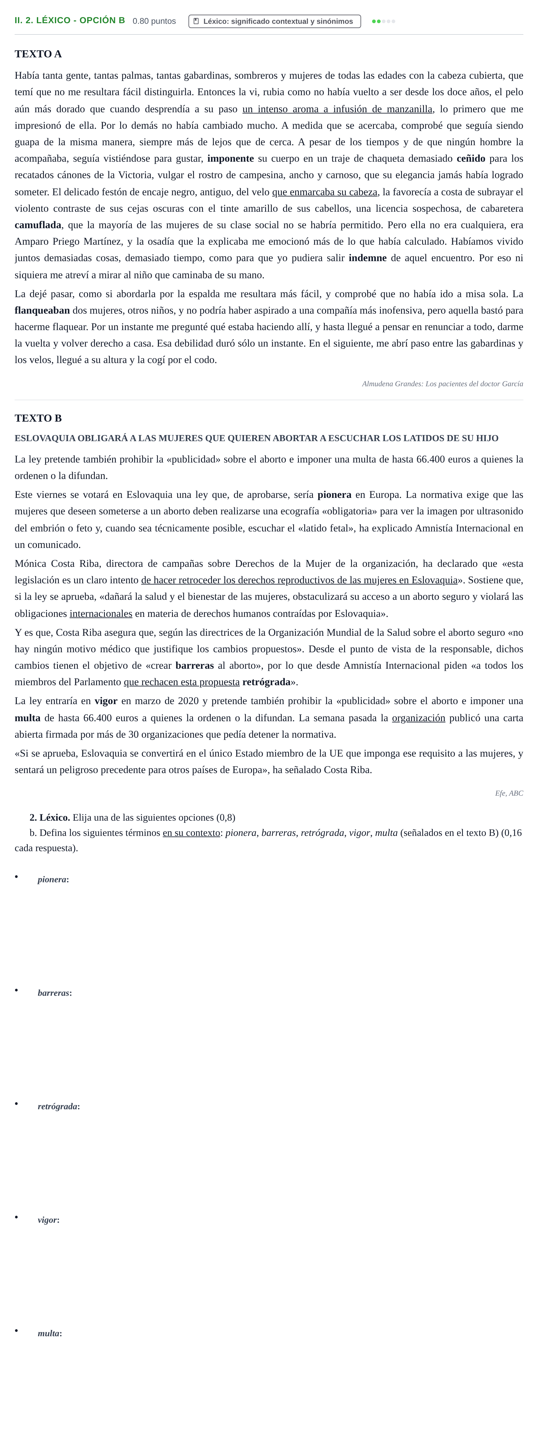 Enunciado: Ejercicio II. 2. Léxico - Opción b · Lengua Castellana y Literatura II PAU Baleares Extraordinaria 2021