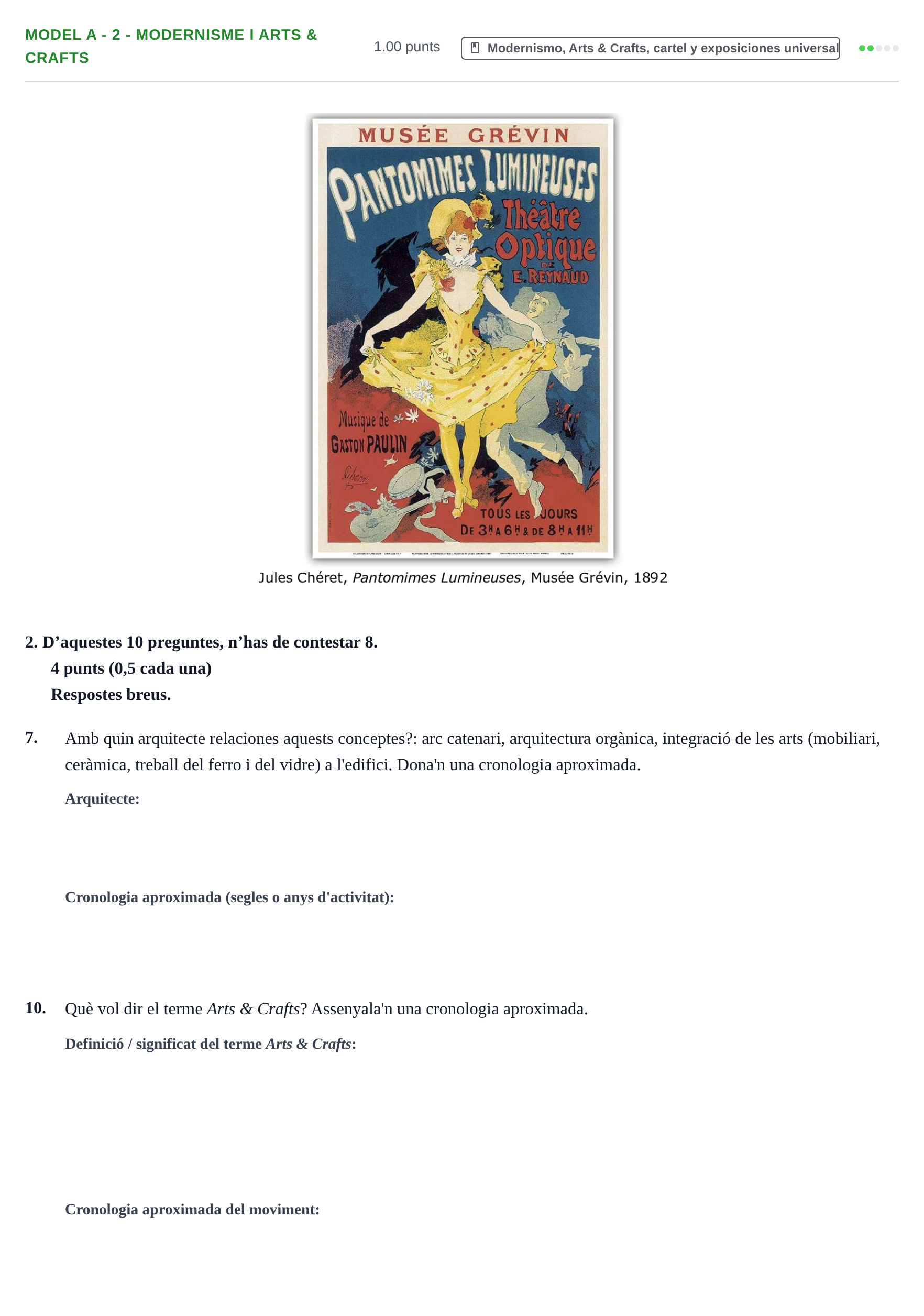 Enunciado: Ejercicio Model A - 2 - Modernisme i Arts & Crafts · Fundamentos Artísticos PAU Baleares Ordinaria (Fundamentos del Arte II) 2024