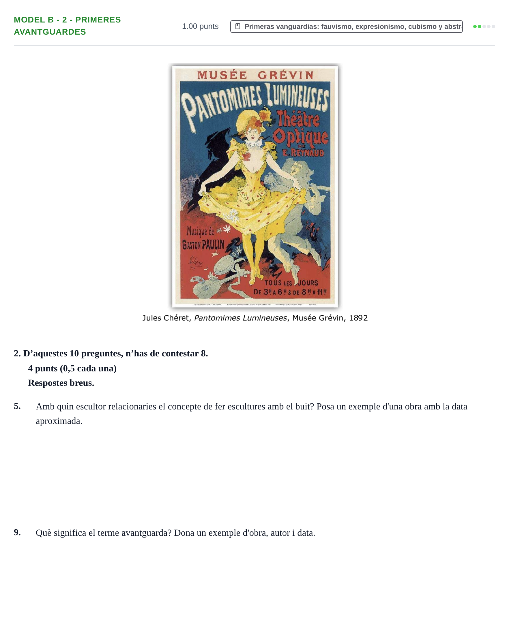 Enunciado: Ejercicio Model B - 2 - Primeres avantguardes · Fundamentos Artísticos PAU Baleares Ordinaria (Fundamentos del Arte II) 2024