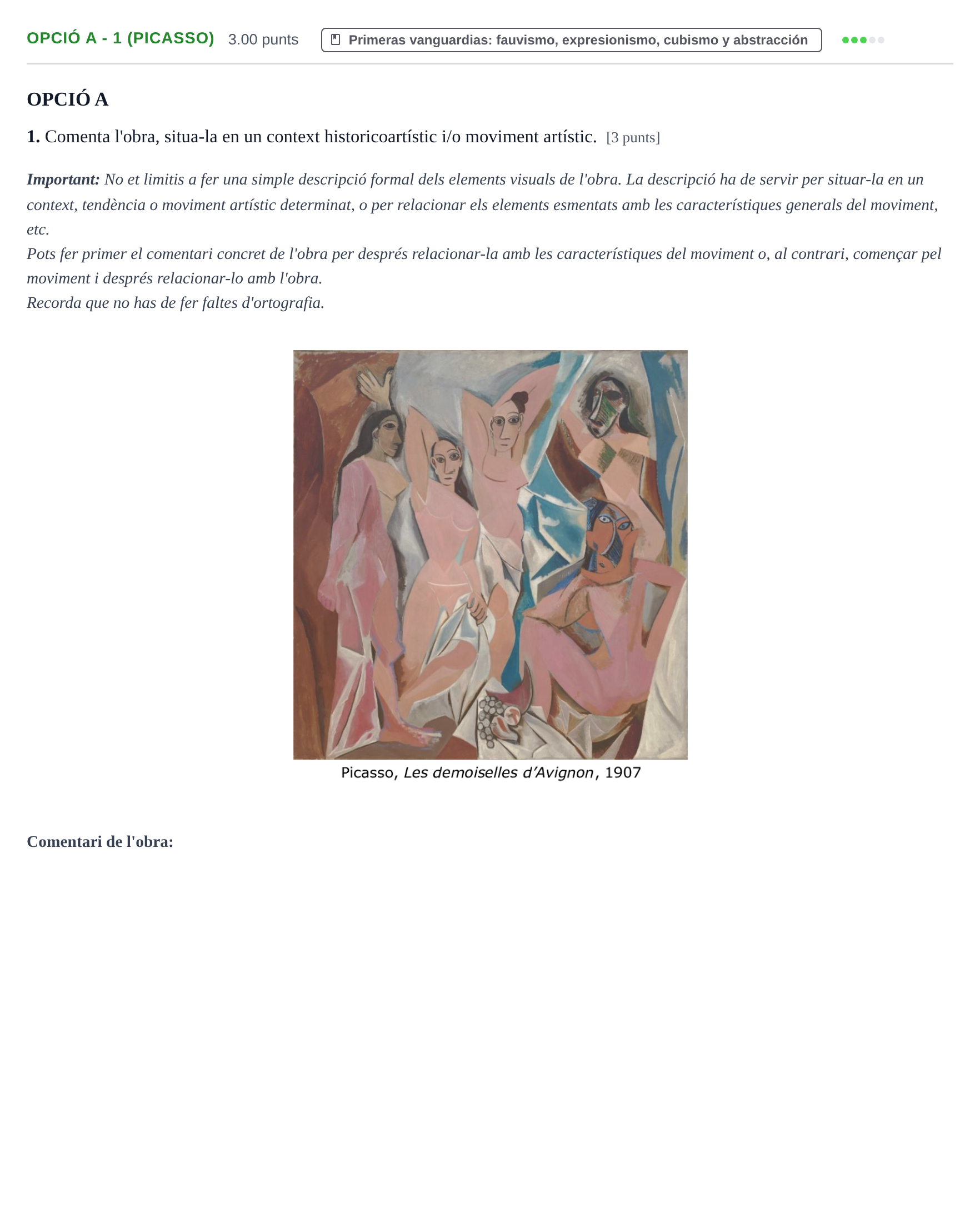 Enunciado: Ejercicio Opció A - 1 (Picasso) · Fundamentos Artísticos PAU Baleares Extraordinaria 2024