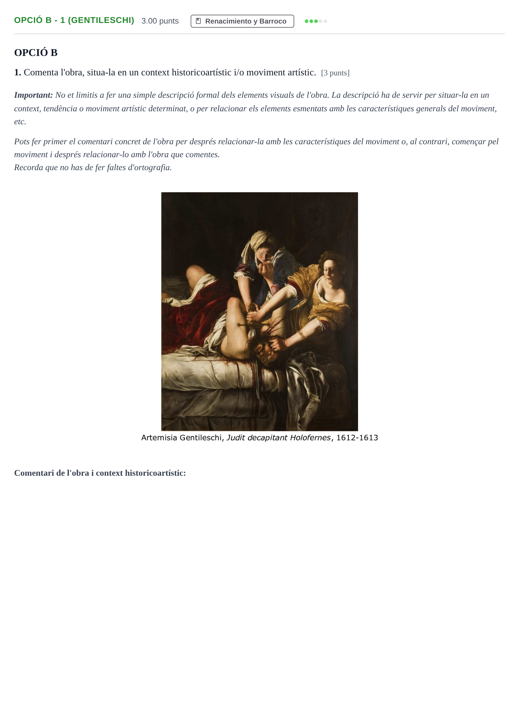 Enunciado: Ejercicio Opció B - 1 (Gentileschi) · Fundamentos Artísticos PAU Baleares Extraordinaria 2024