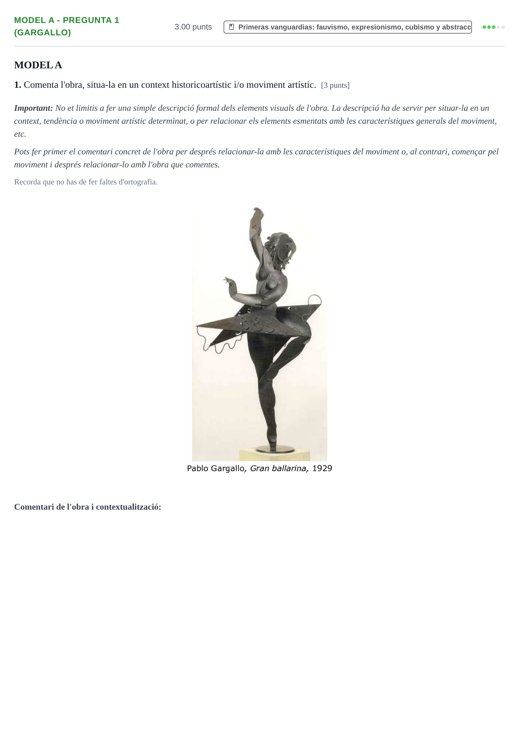 Enunciado: Ejercicio Model A - Pregunta 1 (Gargallo) · Fundamentos Artísticos PAU Baleares Extraordinaria (Fundamentos del Arte II) 2024