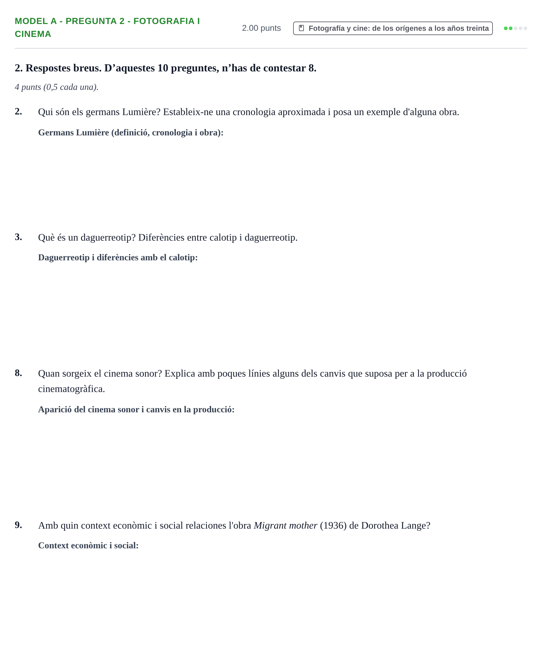 Enunciado: Ejercicio Model A - Pregunta 2 - Fotografia i cinema · Fundamentos Artísticos PAU Baleares Extraordinaria (Fundamentos del Arte II) 2024