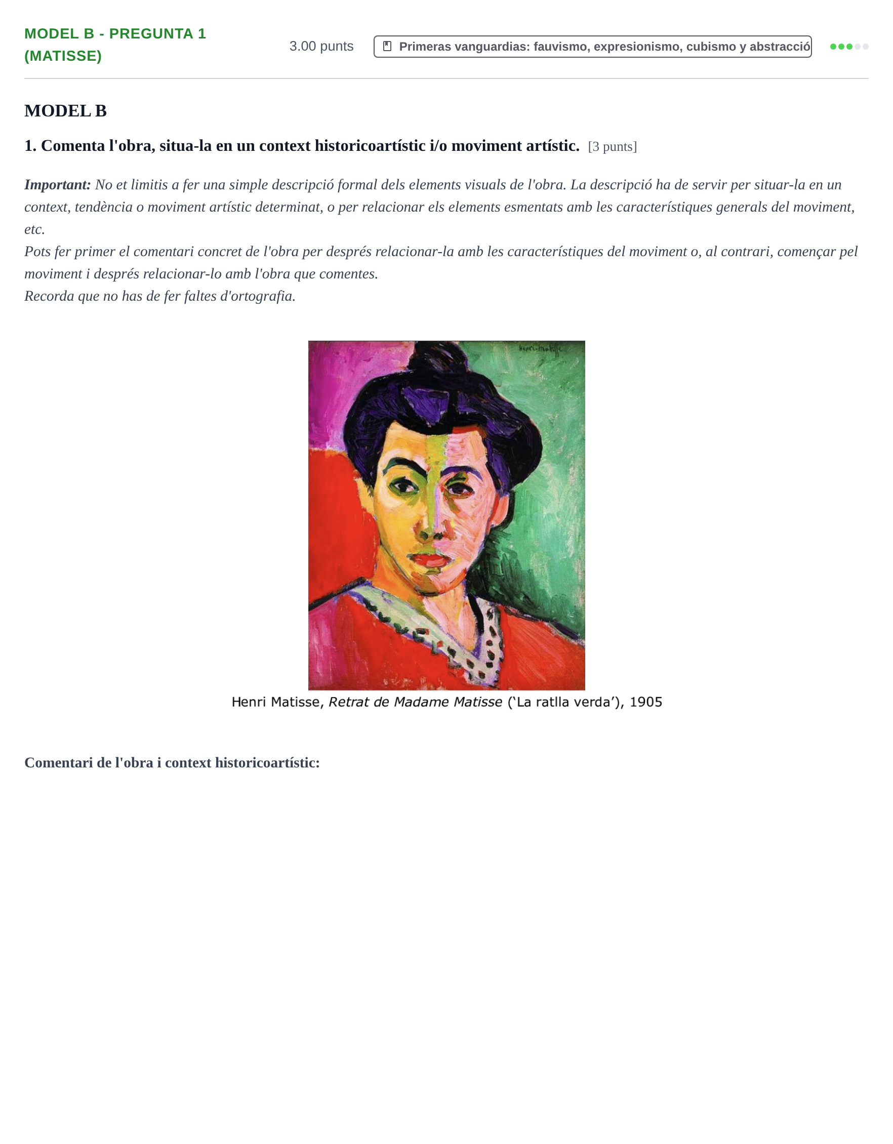 Enunciado: Ejercicio Model B - Pregunta 1 (Matisse) · Fundamentos Artísticos PAU Baleares Extraordinaria (Fundamentos del Arte II) 2024