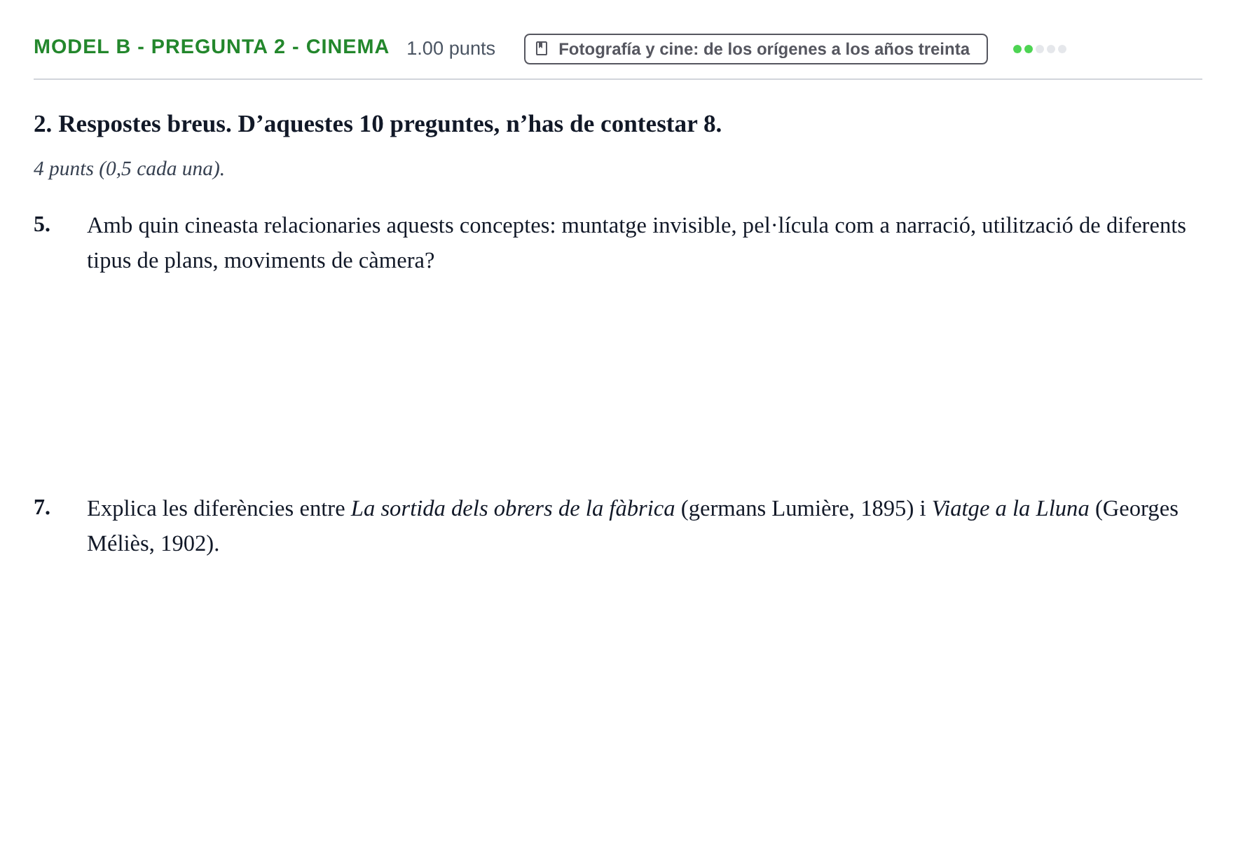 Enunciado: Ejercicio Model B - Pregunta 2 - Cinema · Fundamentos Artísticos PAU Baleares Extraordinaria (Fundamentos del Arte II) 2024