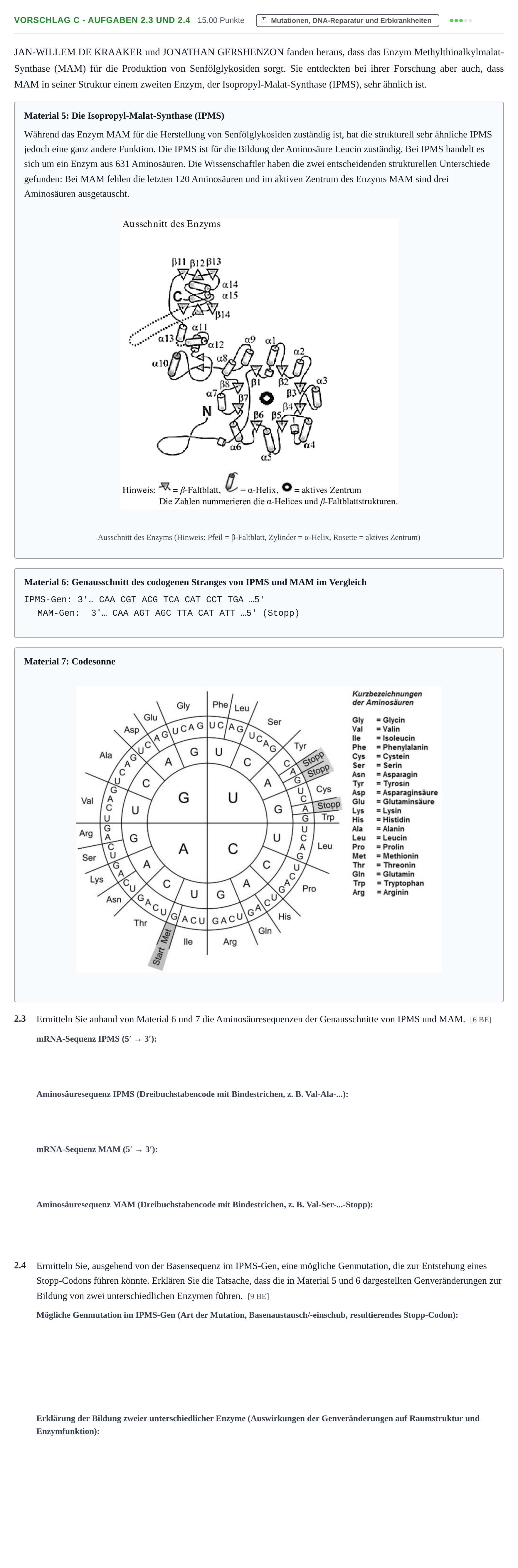 Aufgabenstellung: Aufgabe Vorschlag C - Aufgaben 2.3 und 2.4 · Abitur Hessen Biologietechnik LK 2021