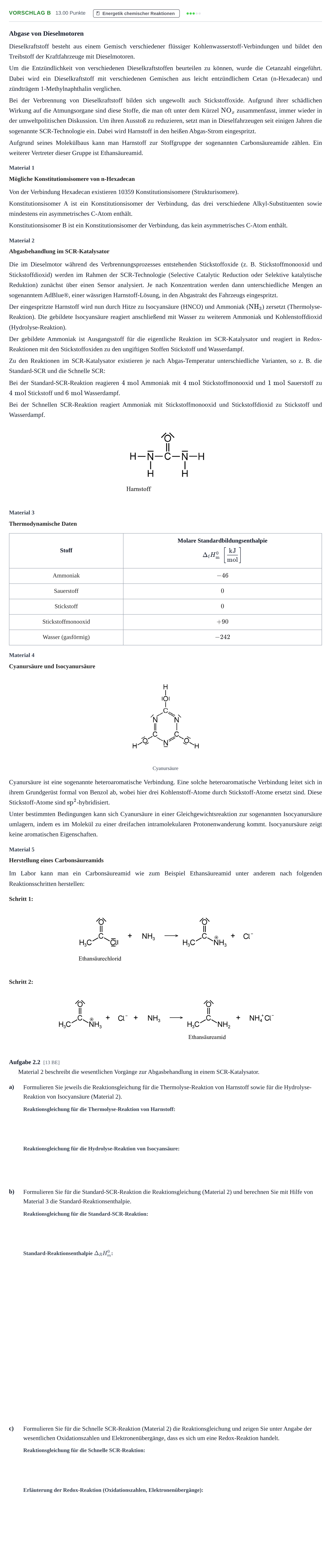 Aufgabenstellung: Aufgabe Vorschlag B - Energetik chemischer Reaktionen · Abitur Hessen Chemie LK 2021