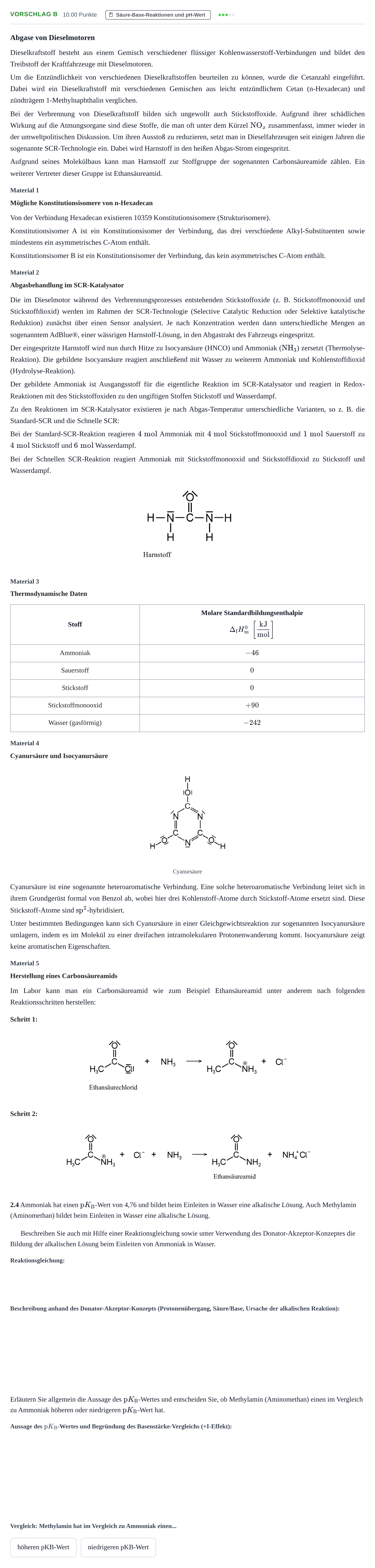 Aufgabenstellung: Aufgabe Vorschlag B - Säure-Base-Reaktionen und pH-Wert · Abitur Hessen Chemie LK 2021
