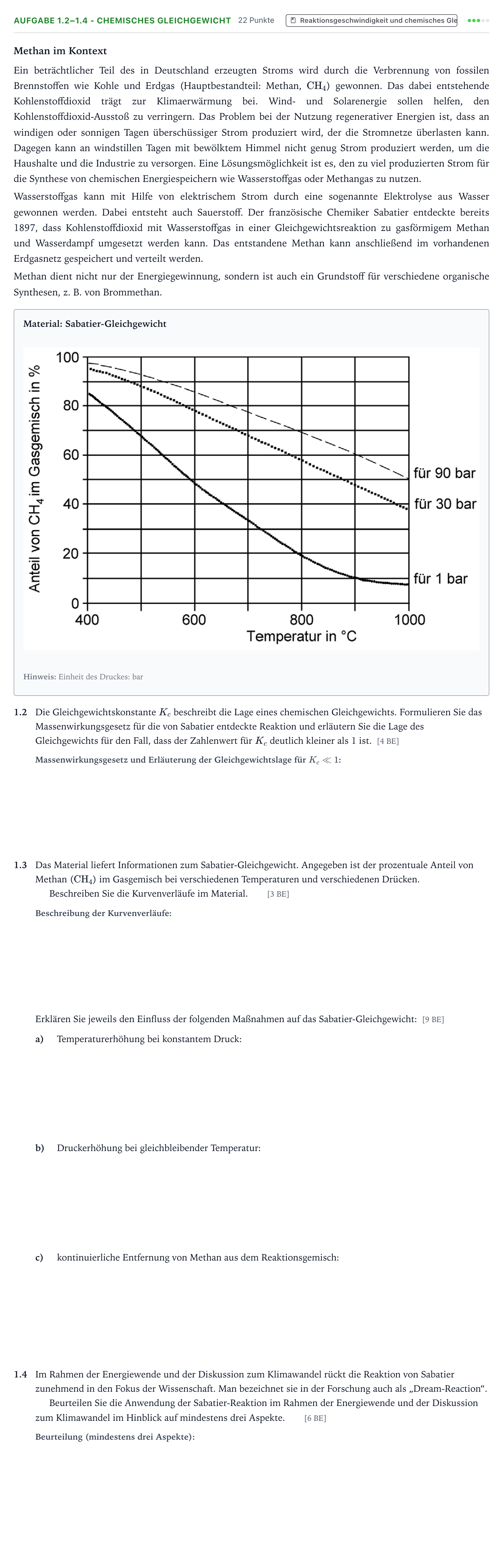 Aufgabenstellung: Aufgabe 1.2–1.4 - Chemisches Gleichgewicht · Abitur Hessen Chemie GK 2021