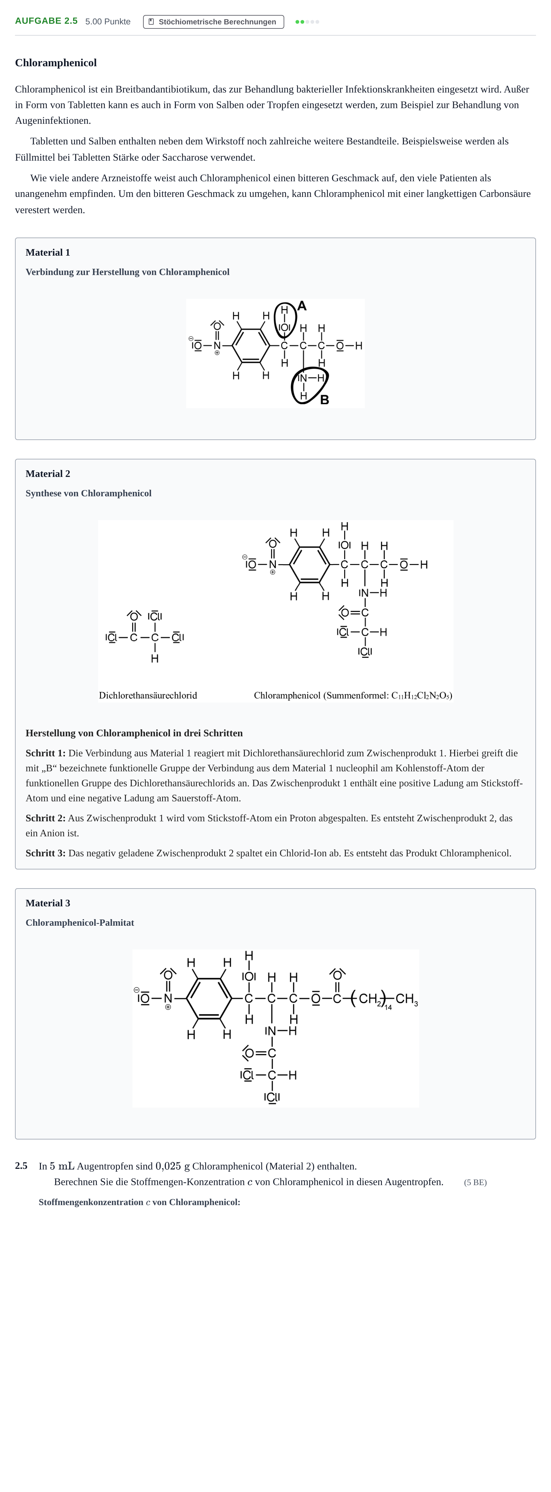 Aufgabenstellung: Aufgabe 2.5 - Stöchiometrische Berechnungen · Abitur Hessen Chemie GK 2021