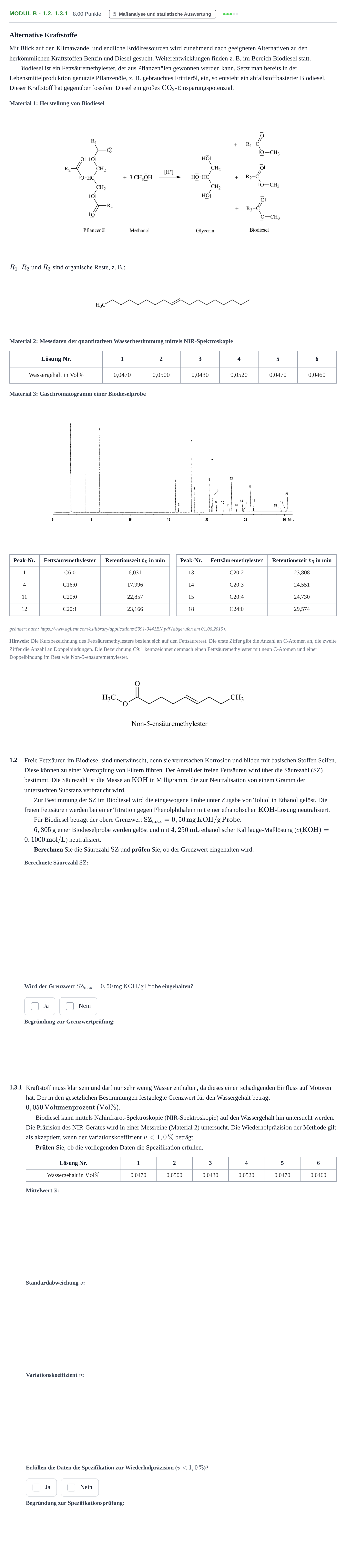 Aufgabenstellung: Aufgabe Modul B - 1.2, 1.3.1 · Abitur Hessen Chemietechnik LK 2021