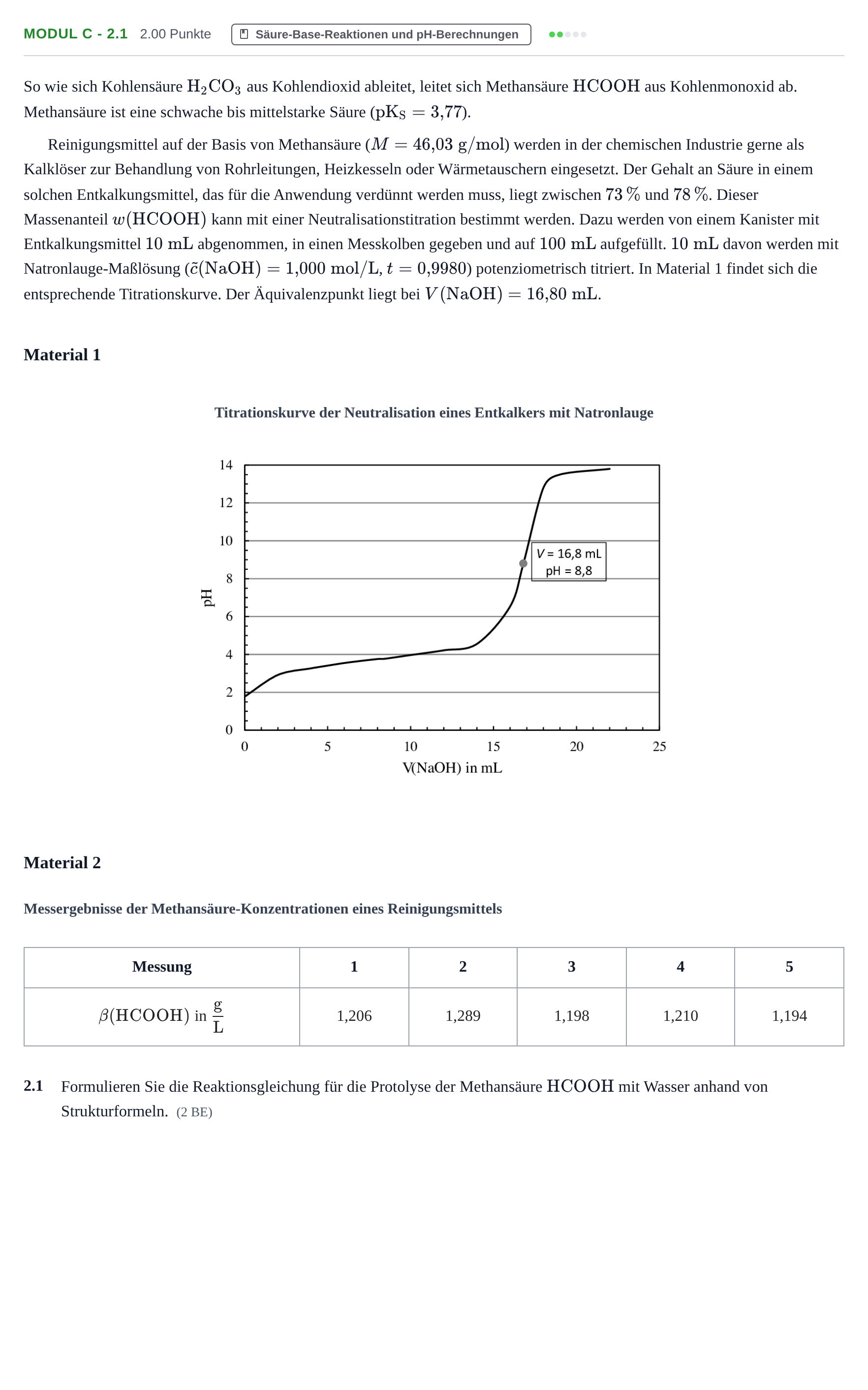 Aufgabenstellung: Aufgabe Modul C - 2.1 · Abitur Hessen Chemietechnik LK 2021