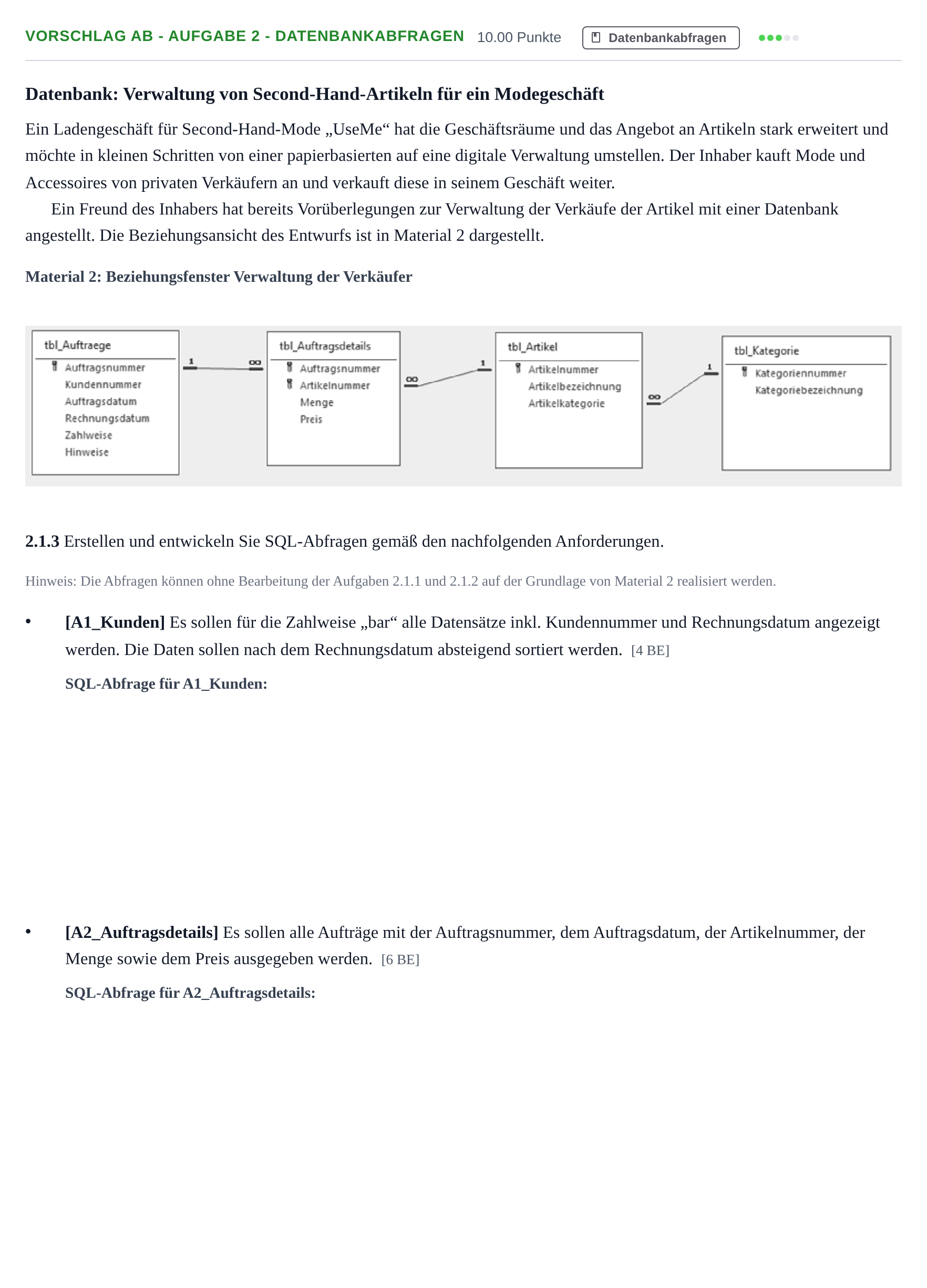 Aufgabenstellung: Aufgabe Vorschlag AB - Aufgabe 2 - Datenbankabfragen · Abitur Hessen Datenverarbeitung GK 2021