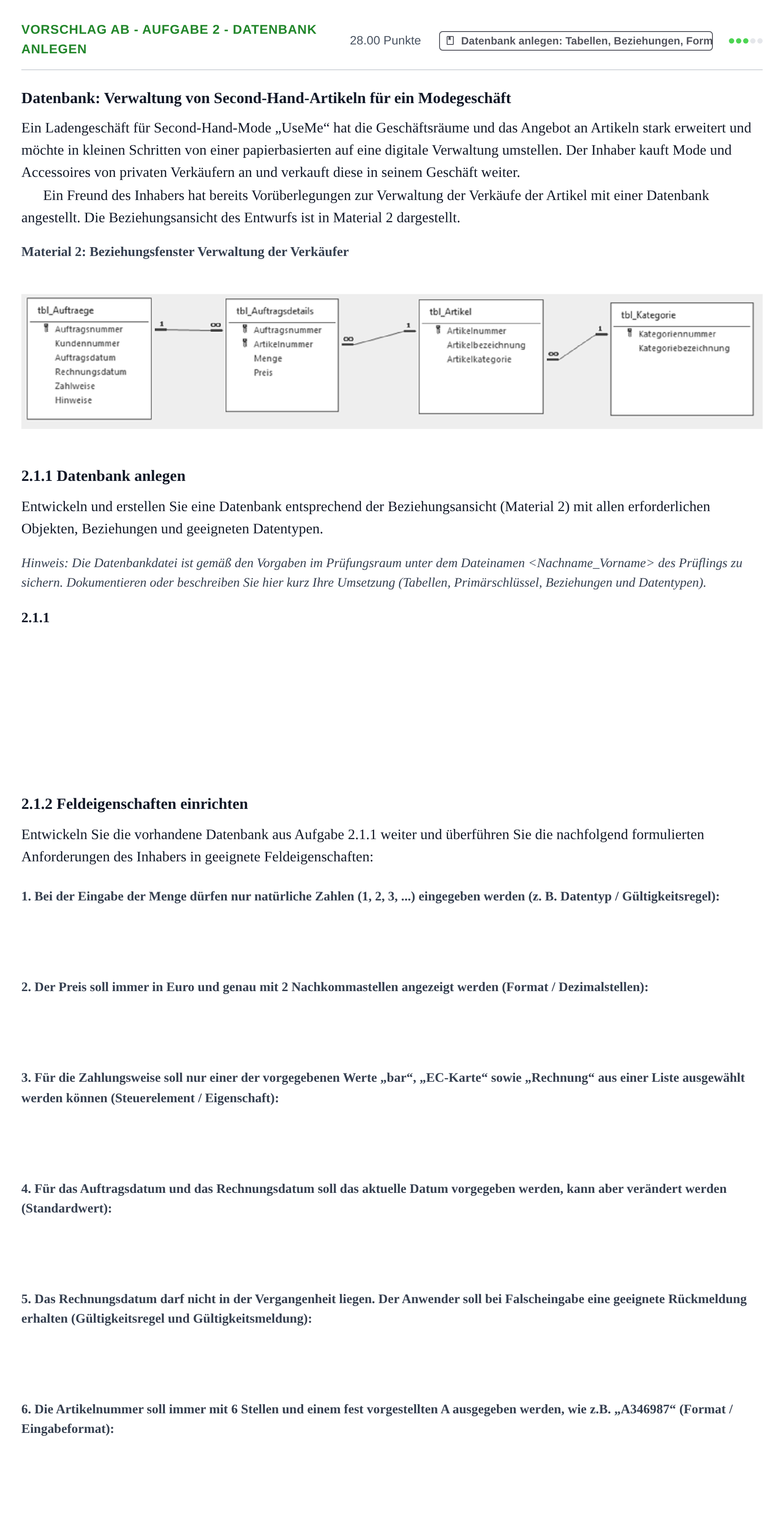 Aufgabenstellung: Aufgabe Vorschlag AB - Aufgabe 2 - Datenbank anlegen · Abitur Hessen Datenverarbeitung GK 2021