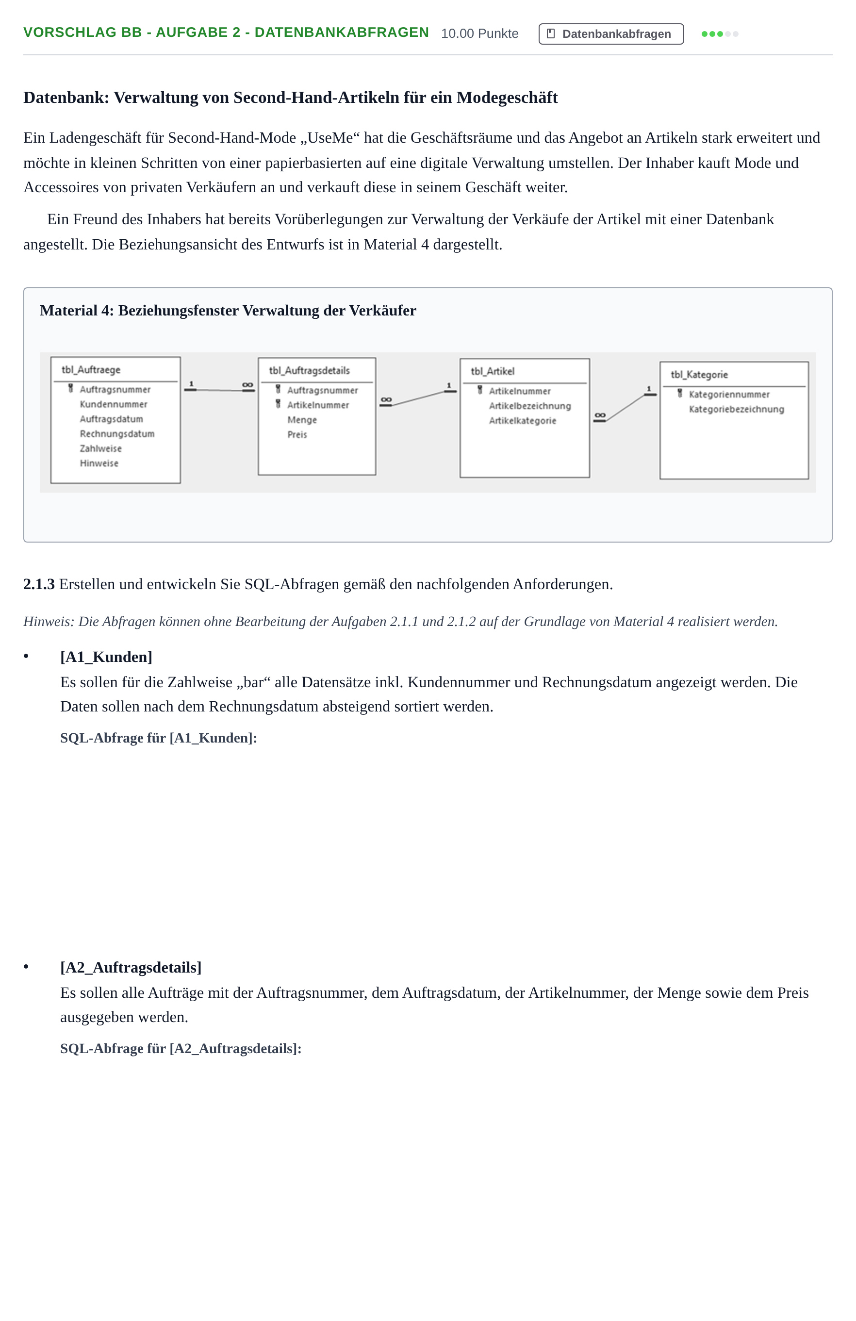 Aufgabenstellung: Aufgabe Vorschlag BB - Aufgabe 2 - Datenbankabfragen · Abitur Hessen Datenverarbeitung GK 2021