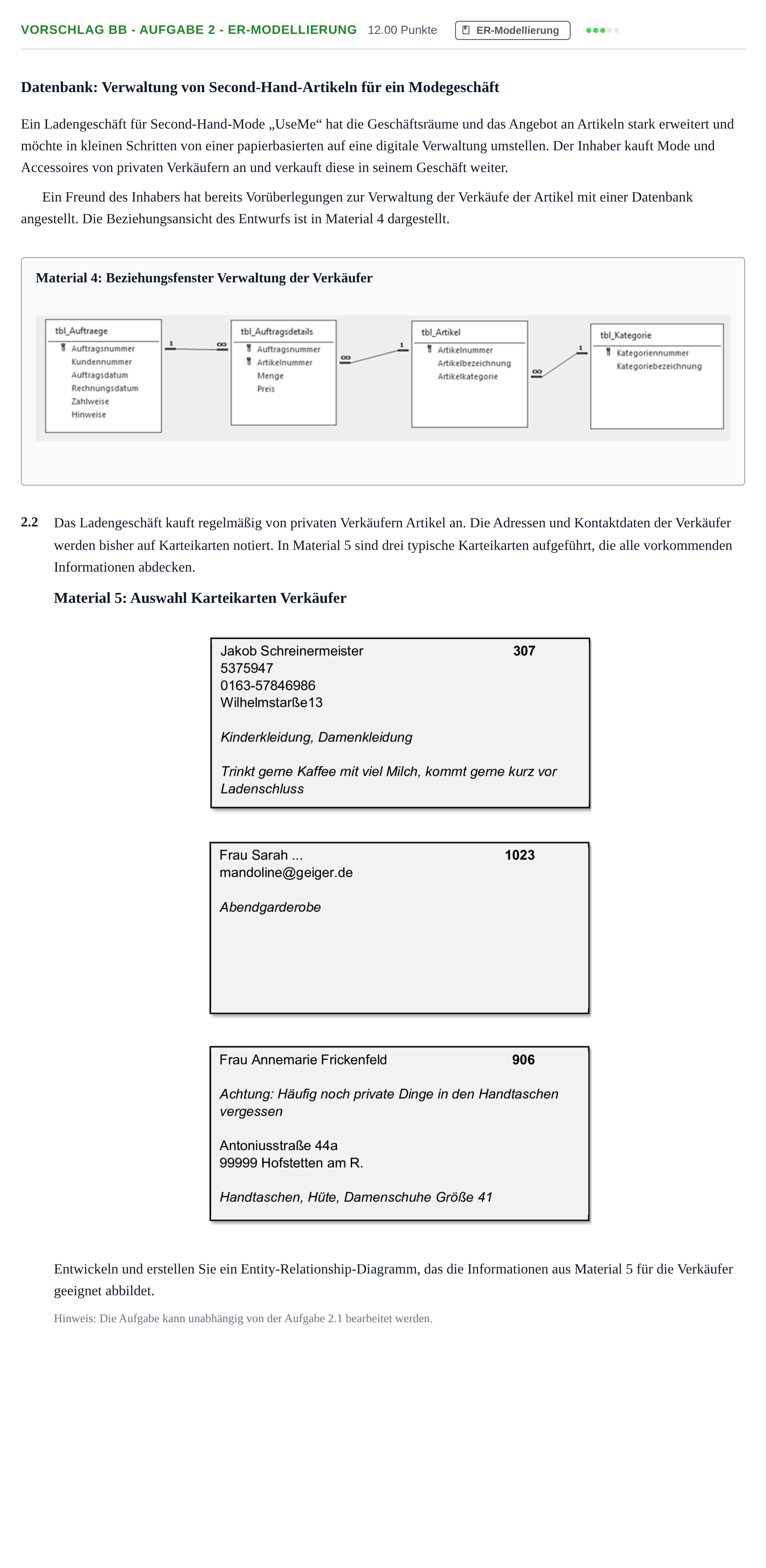 Aufgabenstellung: Aufgabe Vorschlag BB - Aufgabe 2 - ER-Modellierung · Abitur Hessen Datenverarbeitung GK 2021