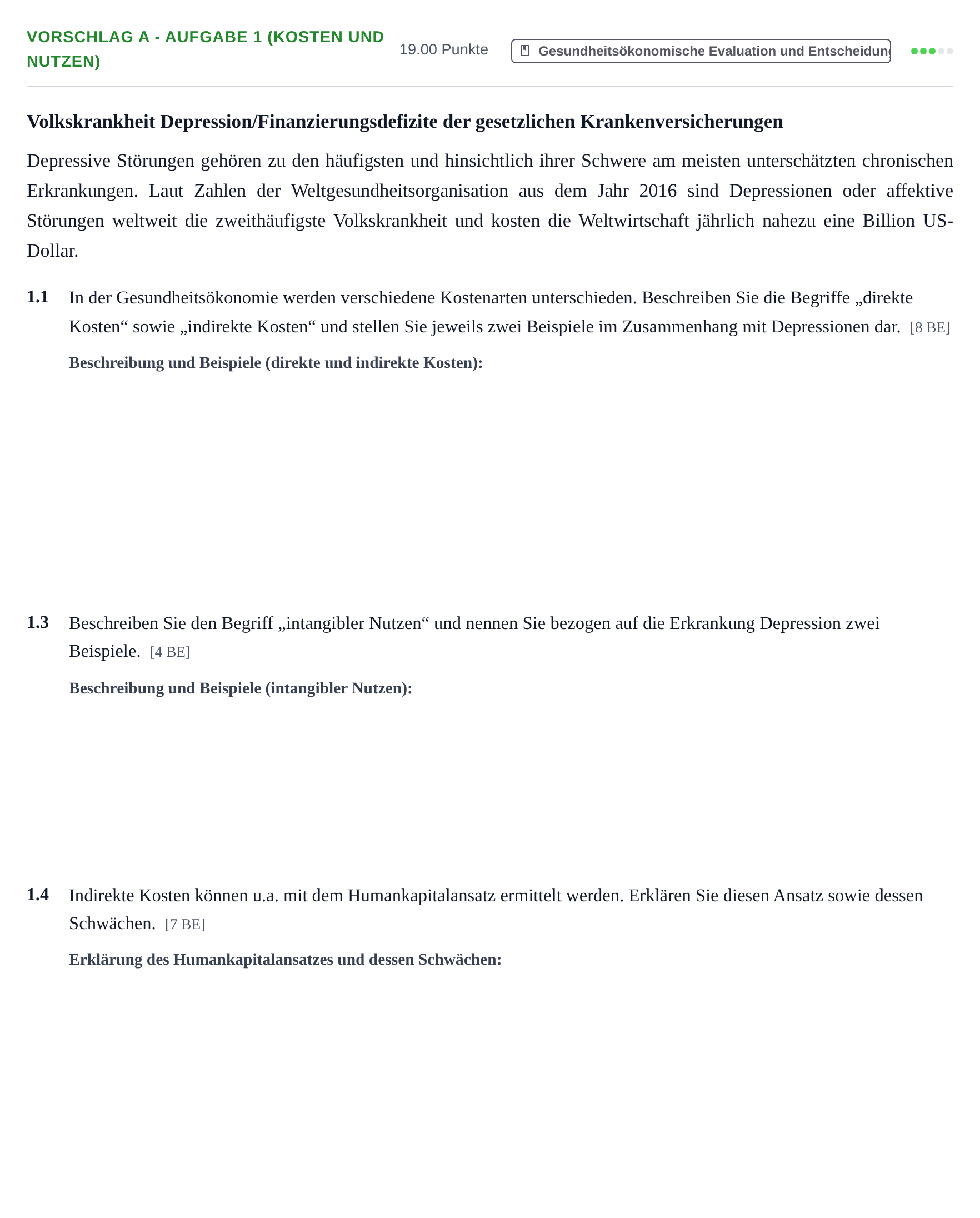 Aufgabenstellung: Aufgabe Vorschlag A - Aufgabe 1 (Kosten und Nutzen) · Abitur Hessen Gesundheitsökonomie GK 2021