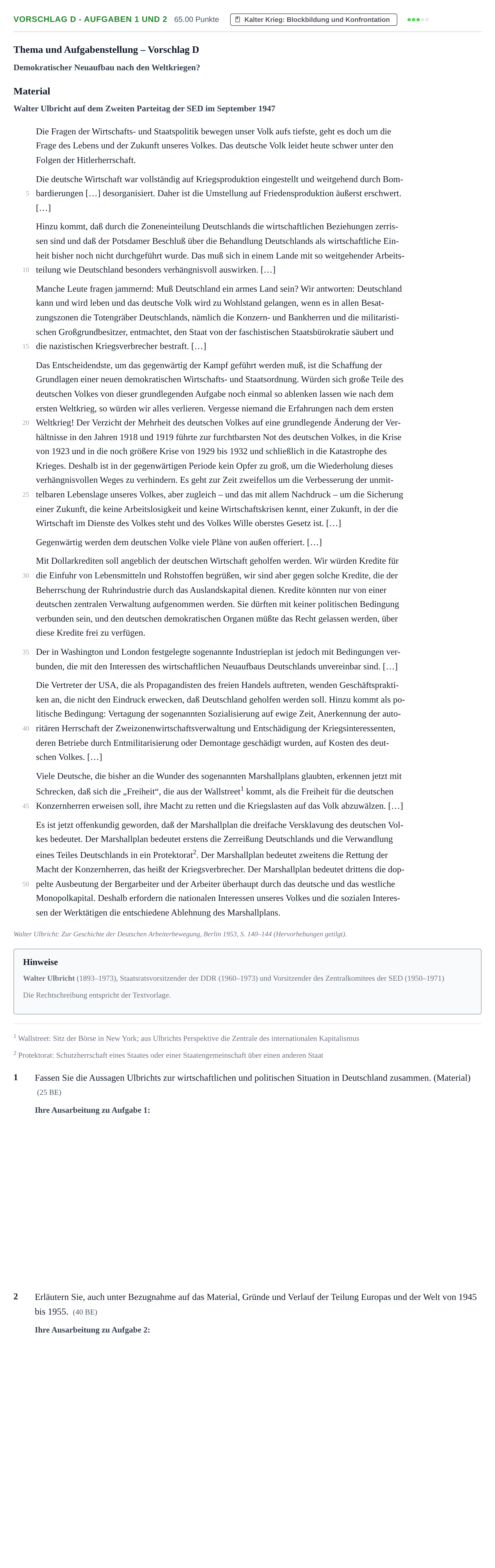 Aufgabenstellung: Aufgabe Vorschlag D - Aufgaben 1 und 2 · Abitur Hessen Geschichte LK 2021