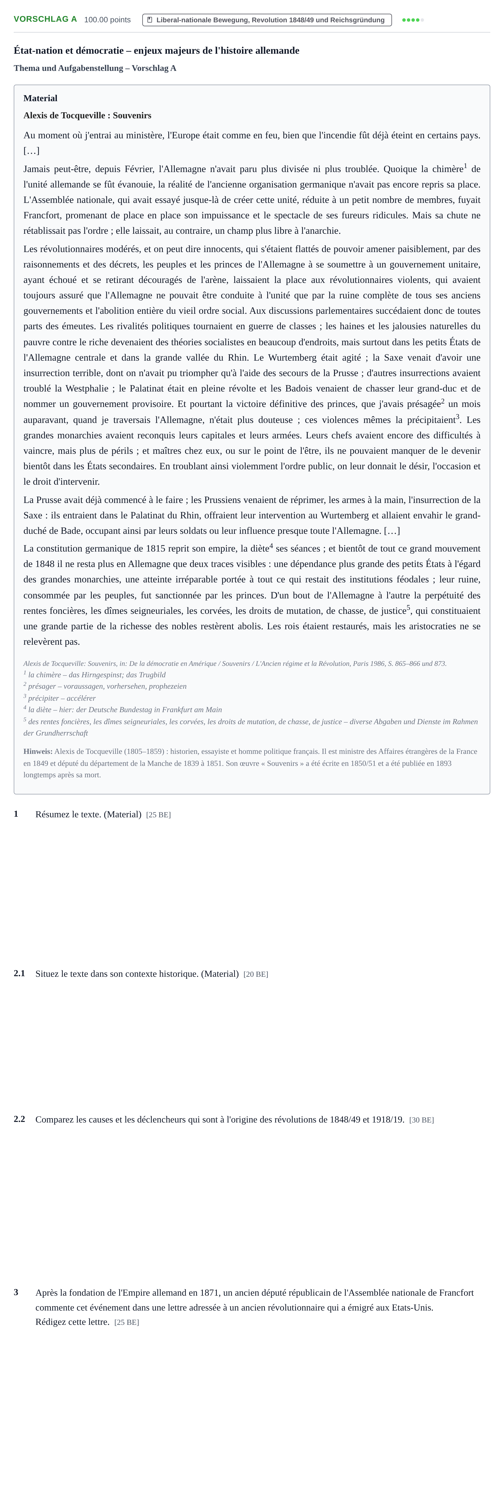 Aufgabenstellung: Aufgabe Vorschlag A · Abitur Hessen Geschichte GK · bilingual Französisch 2021