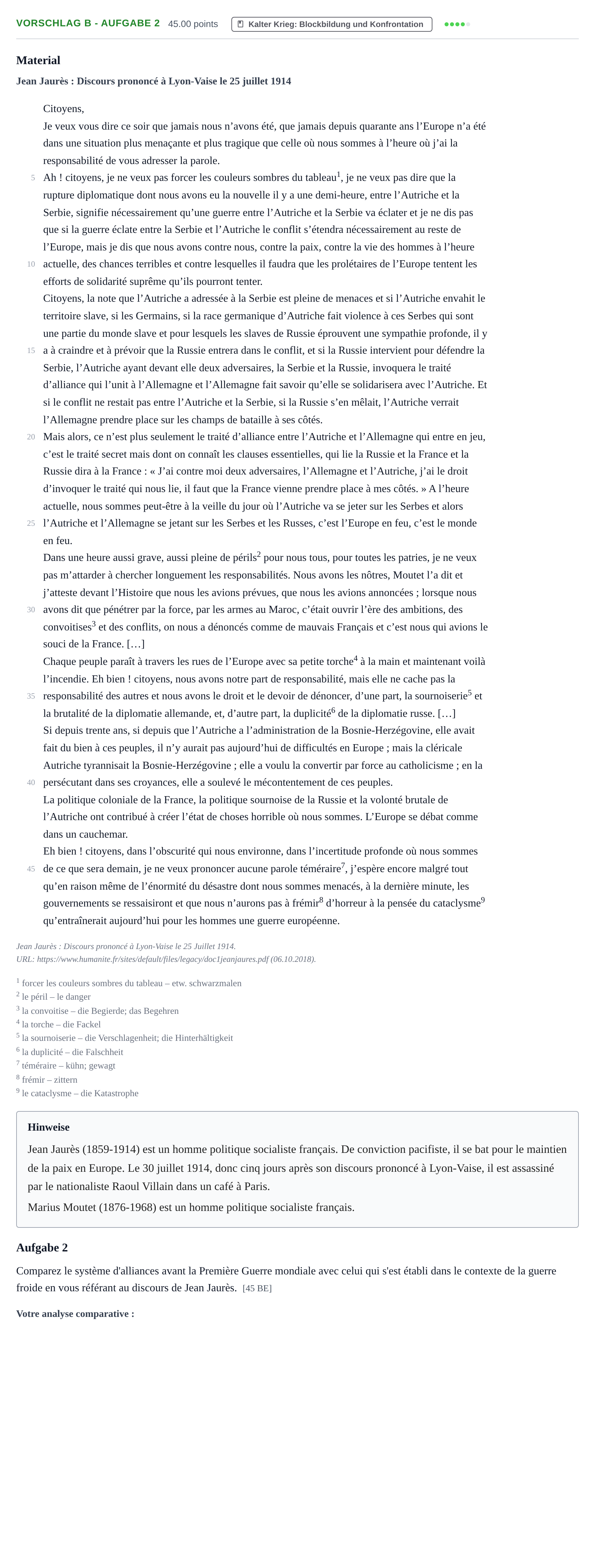 Aufgabenstellung: Aufgabe Vorschlag B - Aufgabe 2 · Abitur Hessen Geschichte GK · bilingual Französisch 2021