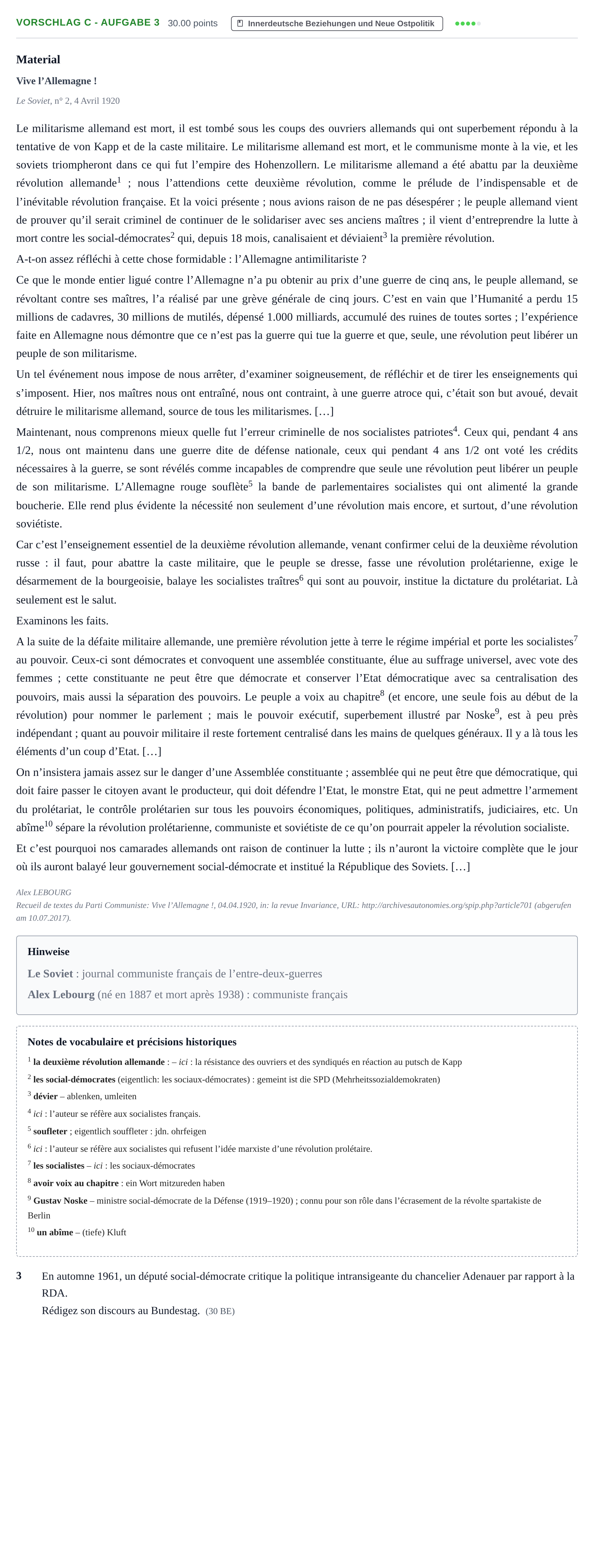 Aufgabenstellung: Aufgabe Vorschlag C - Aufgabe 3 · Abitur Hessen Geschichte GK · bilingual Französisch 2021