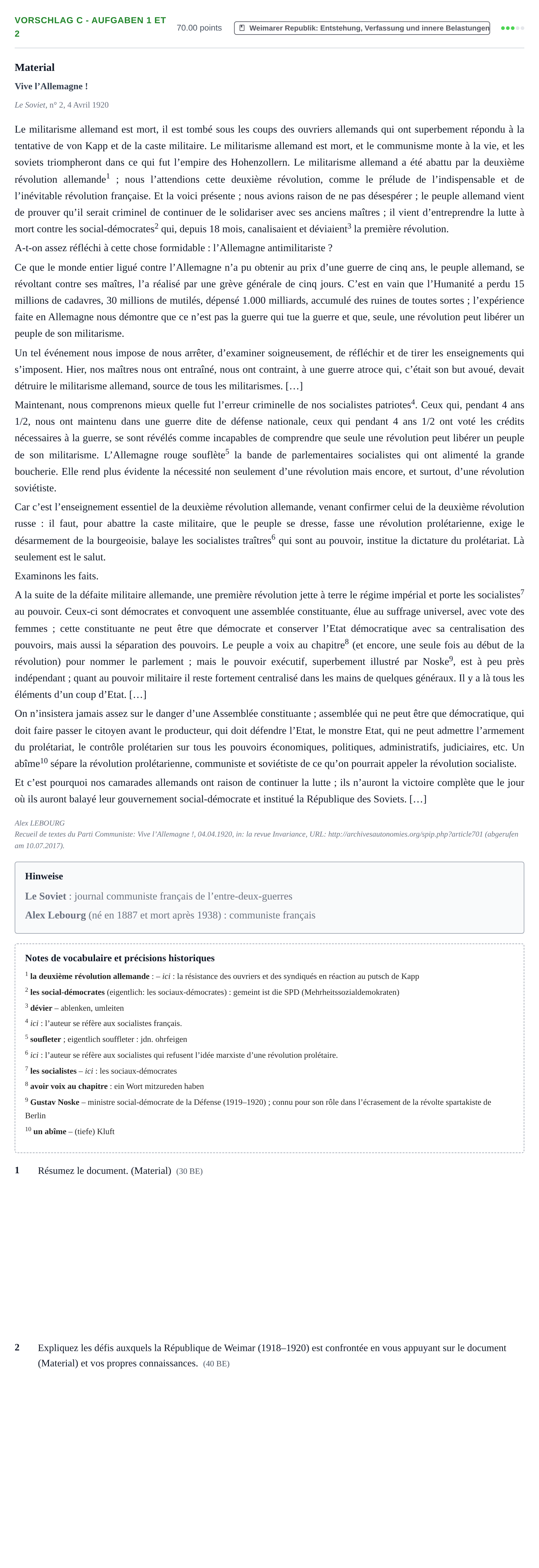 Aufgabenstellung: Aufgabe Vorschlag C - Aufgaben 1 et 2 · Abitur Hessen Geschichte GK · bilingual Französisch 2021