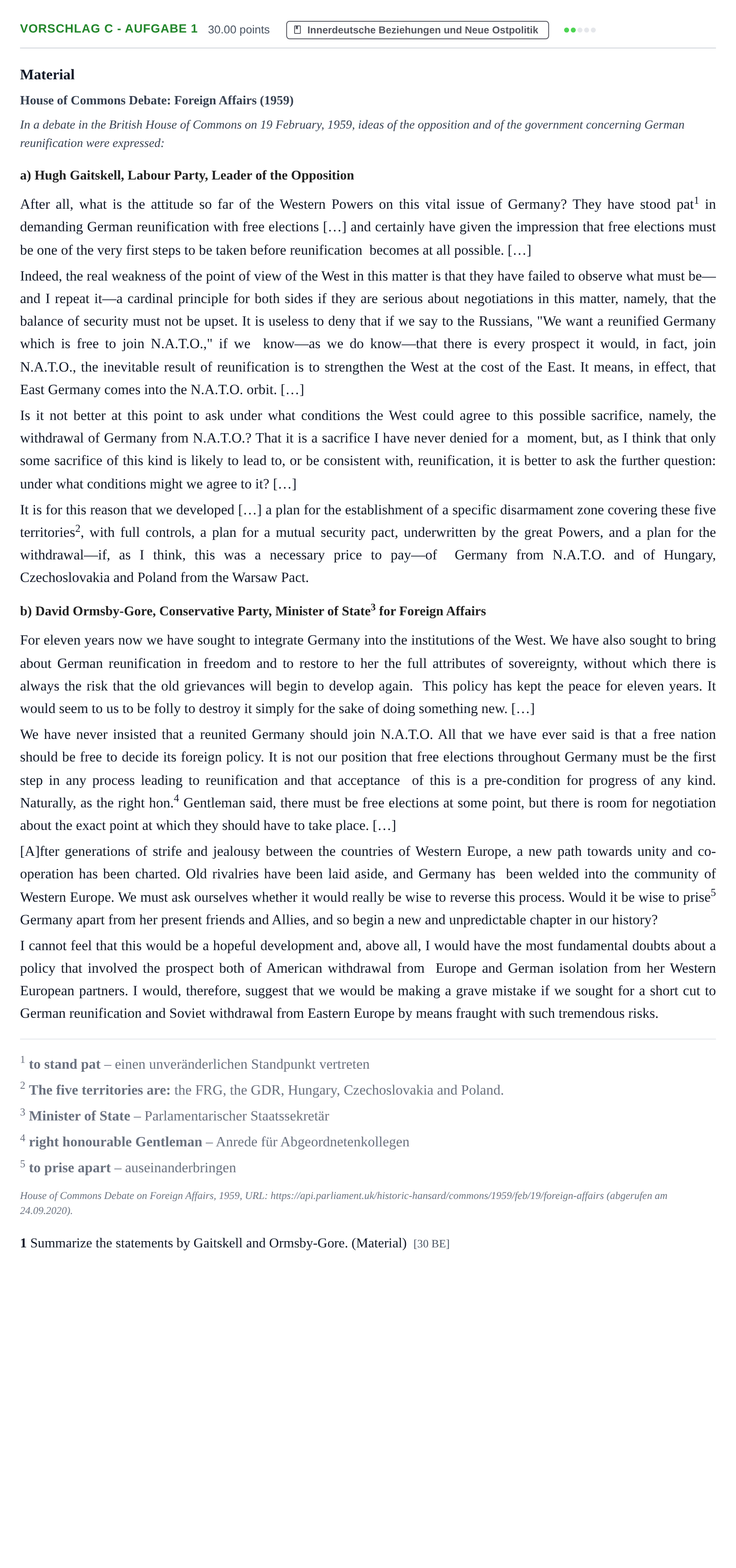 Aufgabenstellung: Aufgabe Vorschlag C - Aufgabe 1 · Abitur Hessen Geschichte GK · bilingual Englisch 2021
