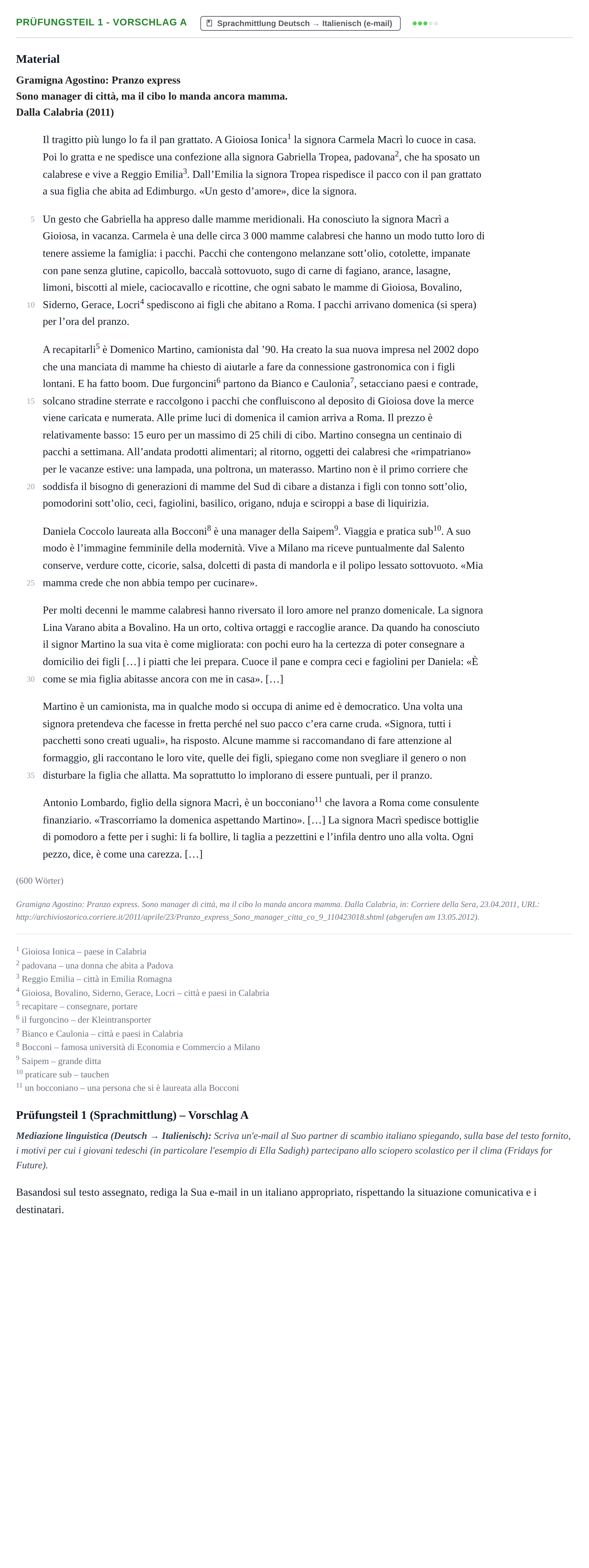 Aufgabenstellung: Prüfungsteil 1 - Vorschlag A · Abitur Hessen Italienisch GK 2021