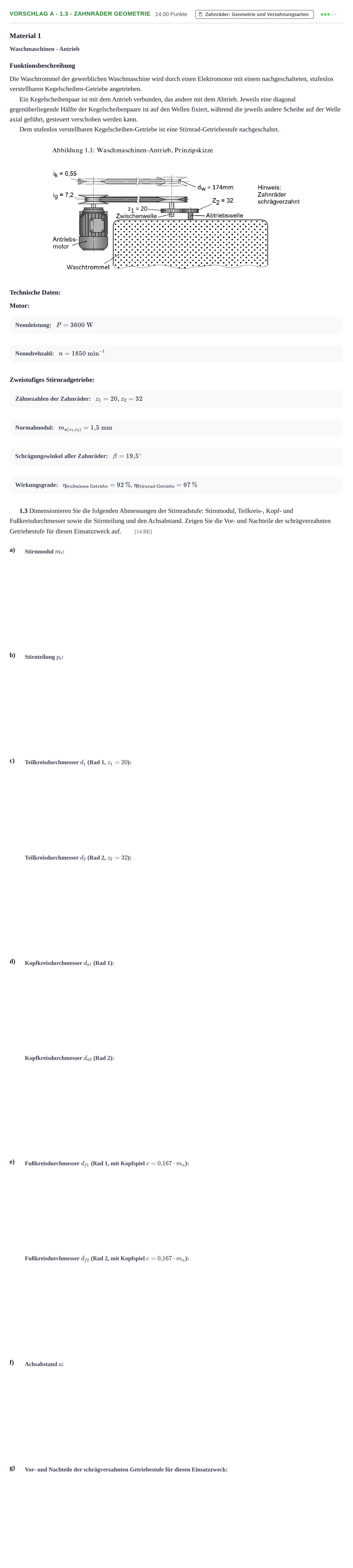 Aufgabenstellung: Aufgabe Vorschlag A - 1.3 - Zahnräder Geometrie · Abitur Hessen Mechatronik LK 2021