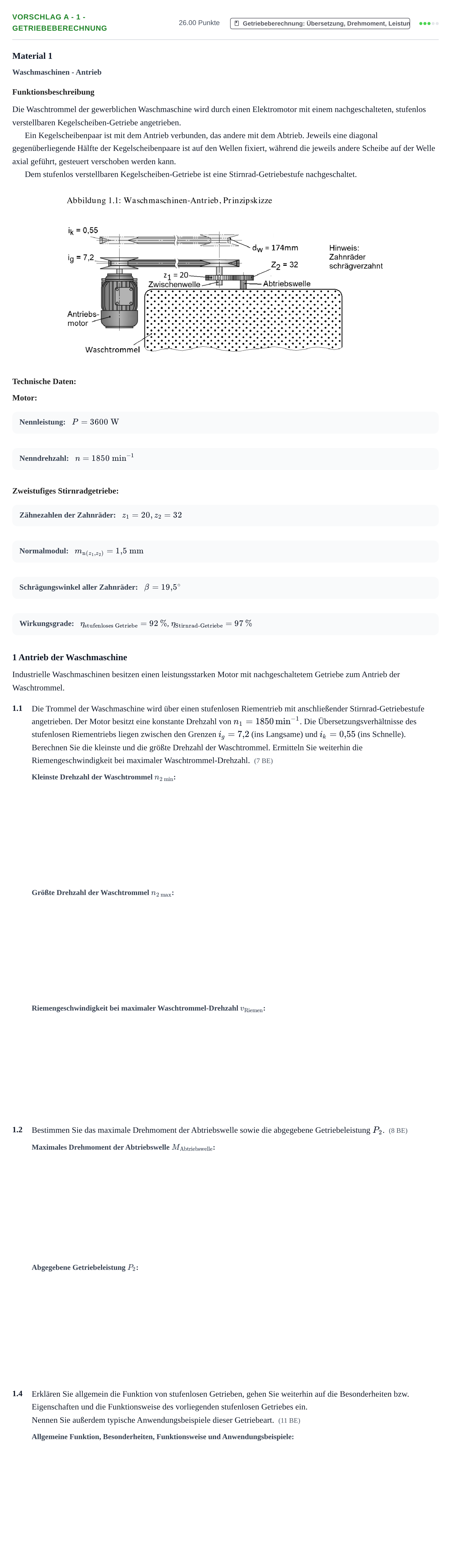 Aufgabenstellung: Aufgabe Vorschlag A - 1 - Getriebeberechnung · Abitur Hessen Mechatronik LK 2021