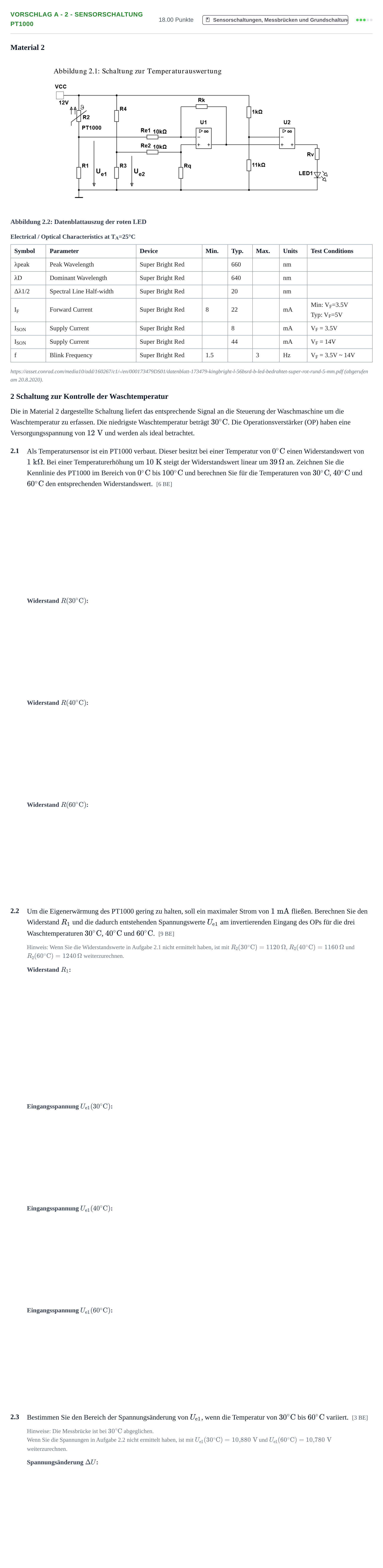 Aufgabenstellung: Aufgabe Vorschlag A - 2 - Sensorschaltung PT1000 · Abitur Hessen Mechatronik LK 2021