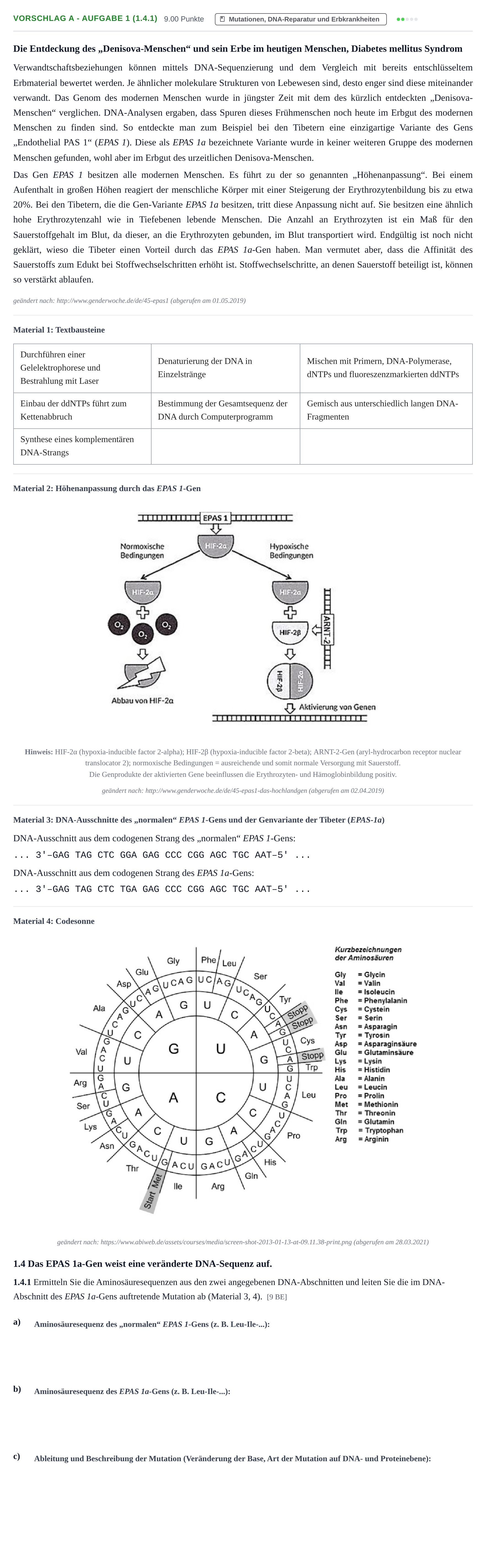Aufgabenstellung: Aufgabe Vorschlag A - Aufgabe 1 (1.4.1) · Abitur Hessen Biologietechnik LK 2022