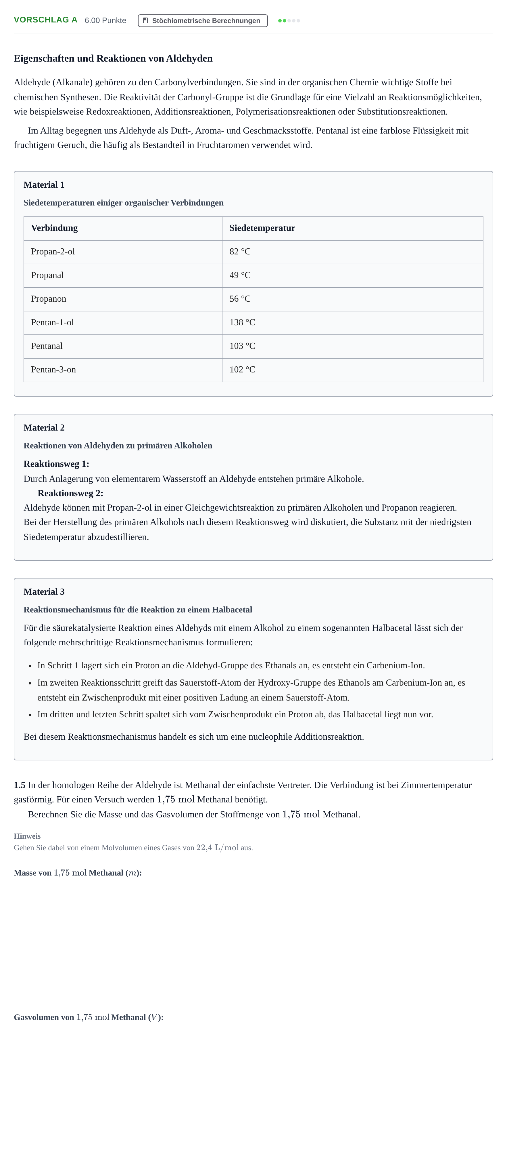 Aufgabenstellung: Aufgabe Vorschlag A - Stöchiometrische Berechnungen · Abitur Hessen Chemie GK 2022