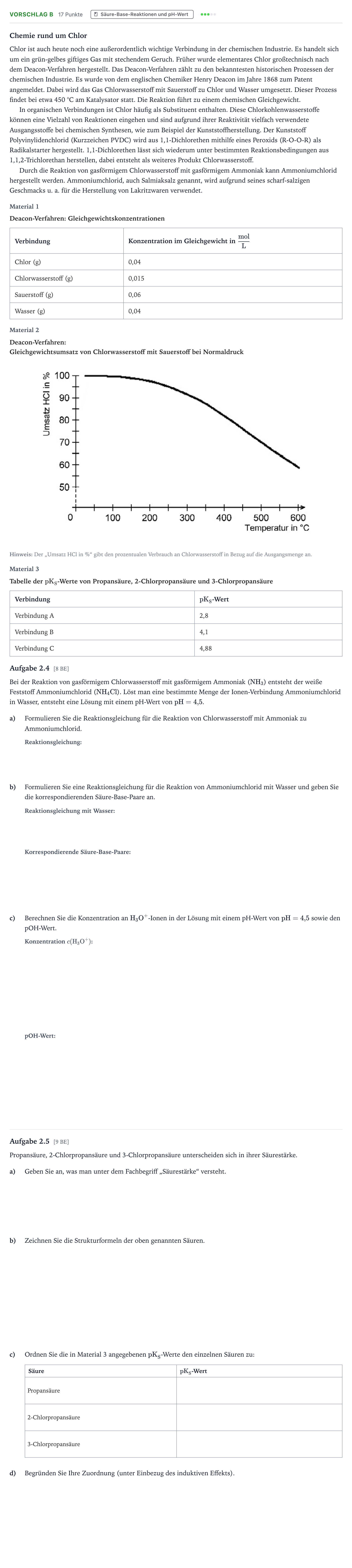Aufgabenstellung: Aufgabe Vorschlag B - Säure-Base-Reaktionen und pH-Wert · Abitur Hessen Chemie GK 2022